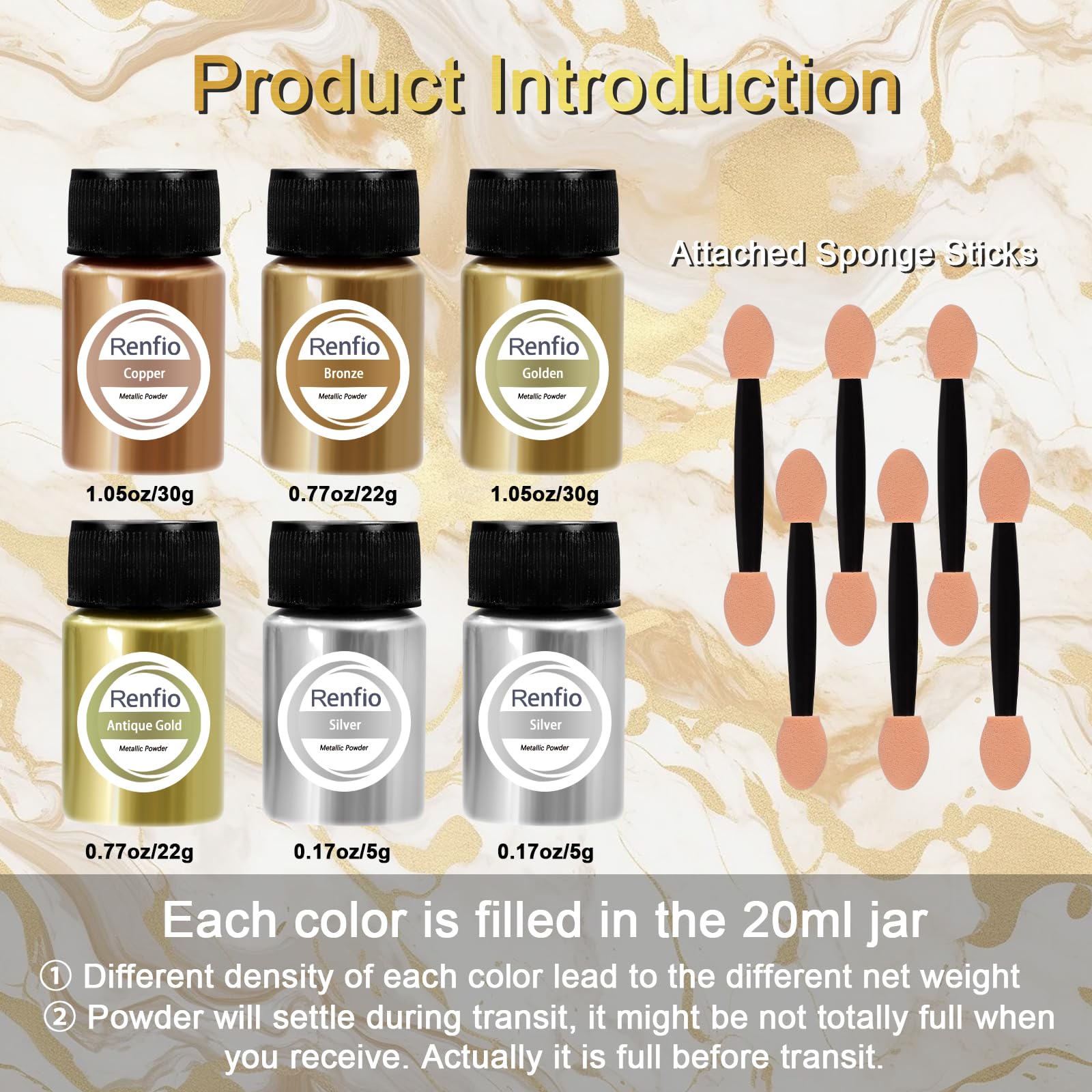 Renfio Polvo de pigmento metálico, polvo de mica metálica de 5 colores para resina, 6 polvos de metal de 20 ml, pigmento de color de resina epoxi, pigmento de resina fina para Kintsugi, arcilla