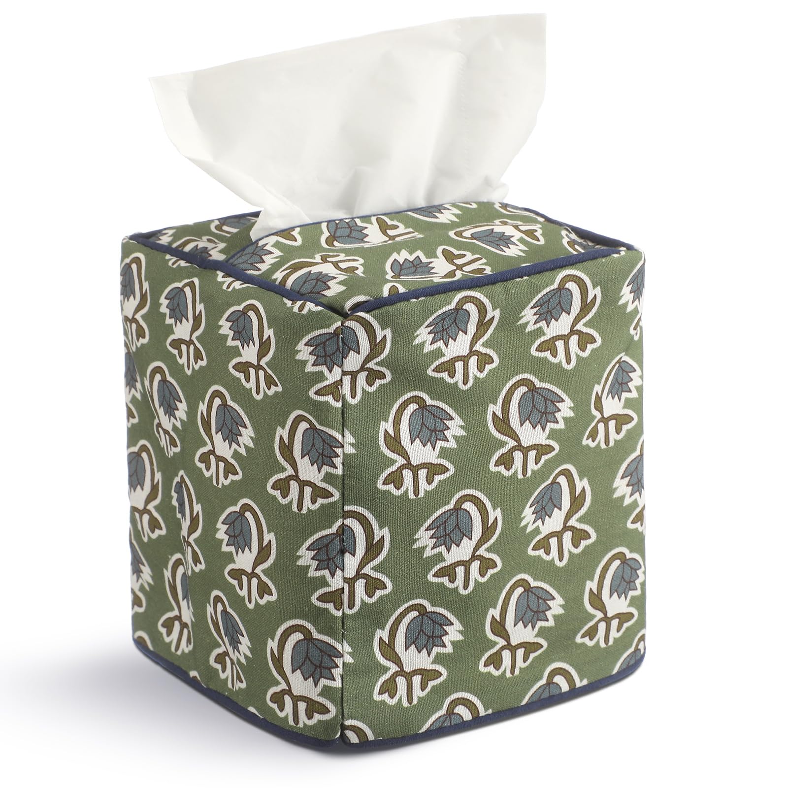 Photo 1 of Mimorou Green Fabric Tissue Box Cover - Floral Print Tissue Box & Decorative Square Napkin Holder Handmade Cotton for Home Bedroom Vanity Countertop Night Stands Office