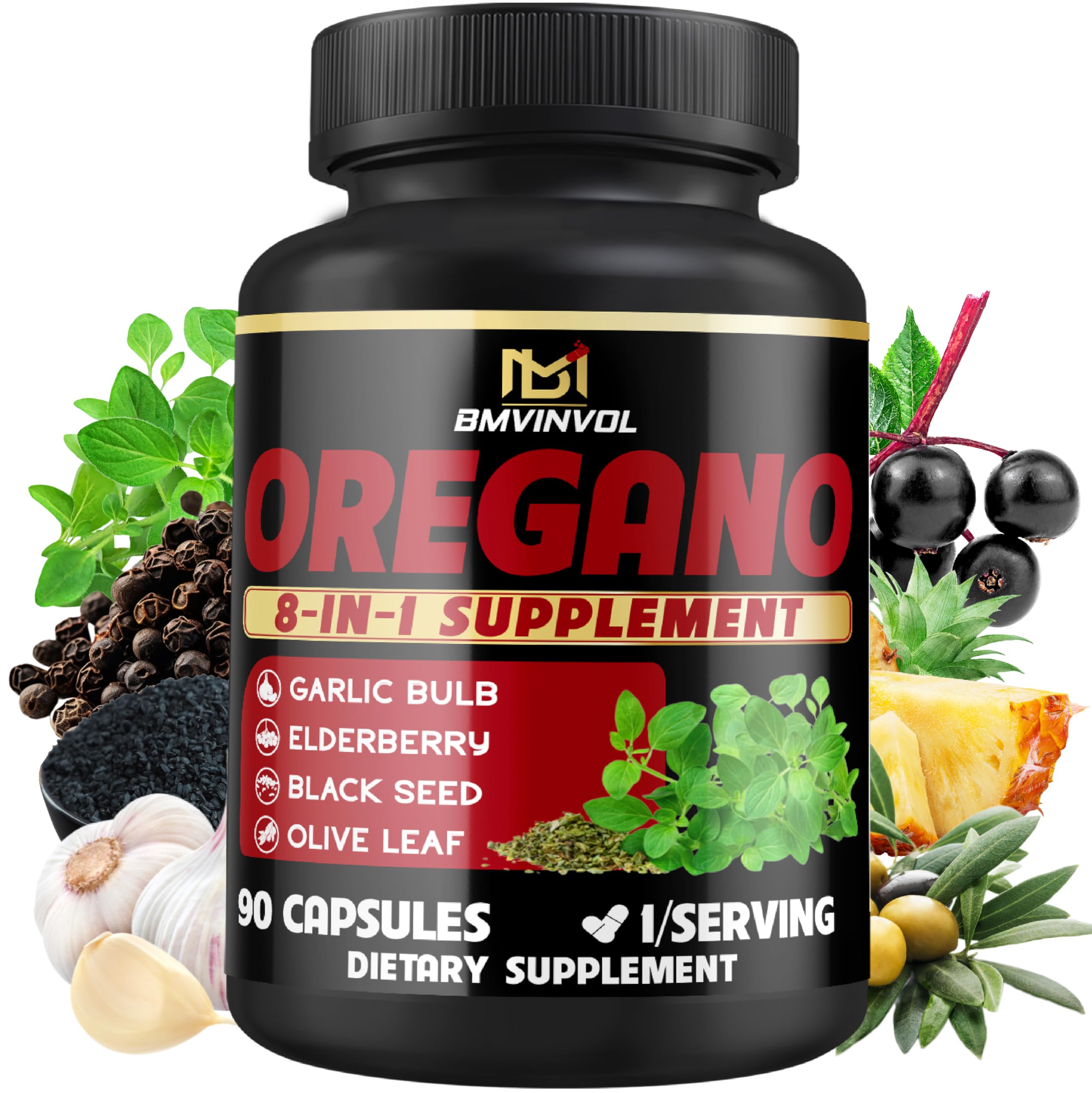 BMVINVOL Oregano Supplement | Black Seed, Garlic, Elderberry, Olive Leaf, Quercetin, Bromelain, Black Pepper - 8in1 Immune & Digestive Support 90 Capsules [3-Month Supply]