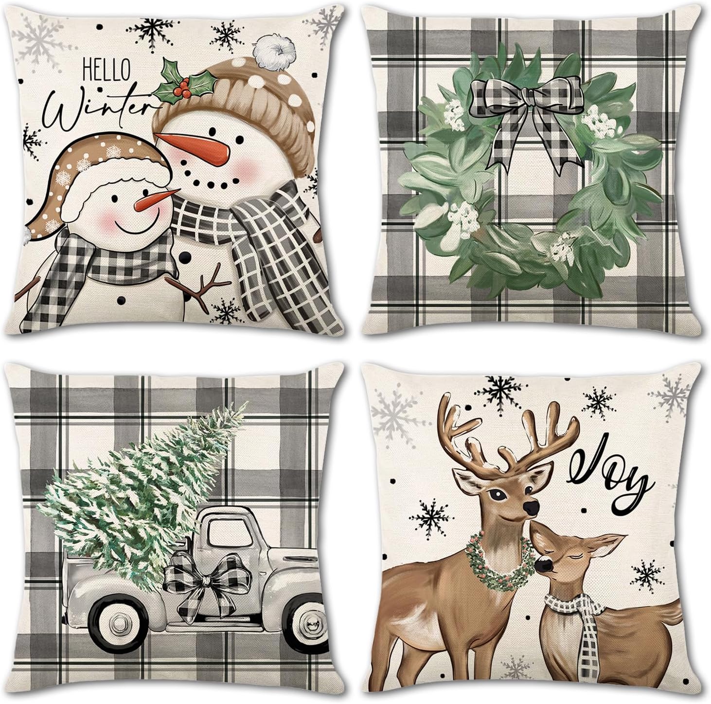 Christmas Pillow Covers 18x18 inch Set of 4 Snowman Reindeer Decorative Plaid Truck Wreath Tree Covers Winter Farmhouse Throw Pillow for Home Couch Grey/Beige