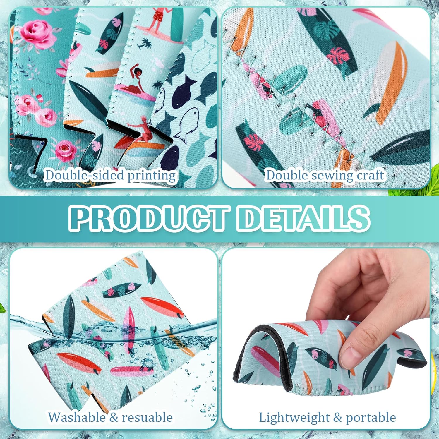 Sunnyray 100 Pcs Summer Beer Can Cooler Sleeves Fresh Blue Neoprene Beach Drink Cooler Bulk Soft Insulated Reusable Collapsible Sublimation for Bachelorette Party Supplies