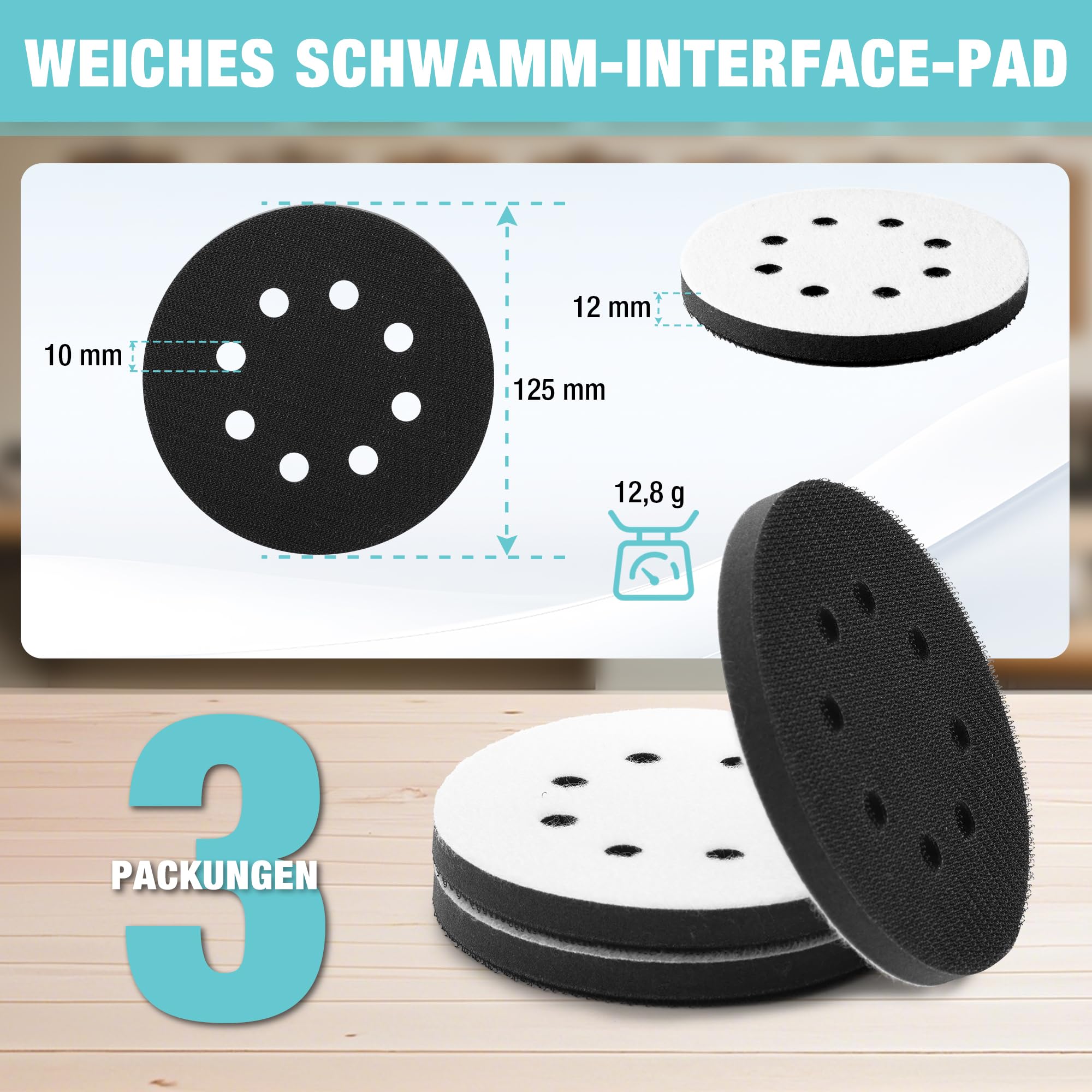 WORKPRO 3 Stück Schleifpads 125mm Klett für Exzenterschleifer mit 8 Löchern, 12mm Dichte Polierschwamm mit 3 Schleifscheiben für Schleifer