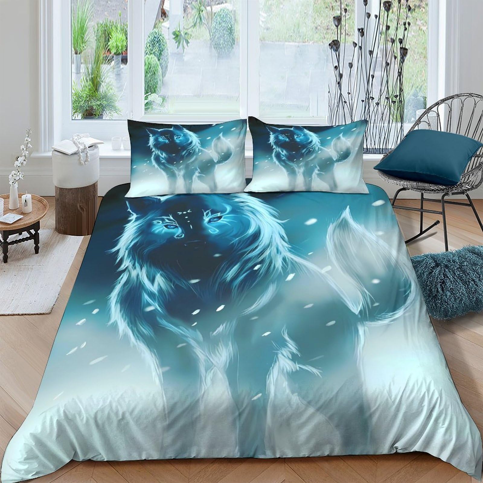 GPLZQXKJNH 3D Printed Blue Wolf Duvet Cover Microfiber Soft Breathable Snow Fantasy Bedding Set with 2 Pillowcases for Bedroom Decor Single（135x200cm）