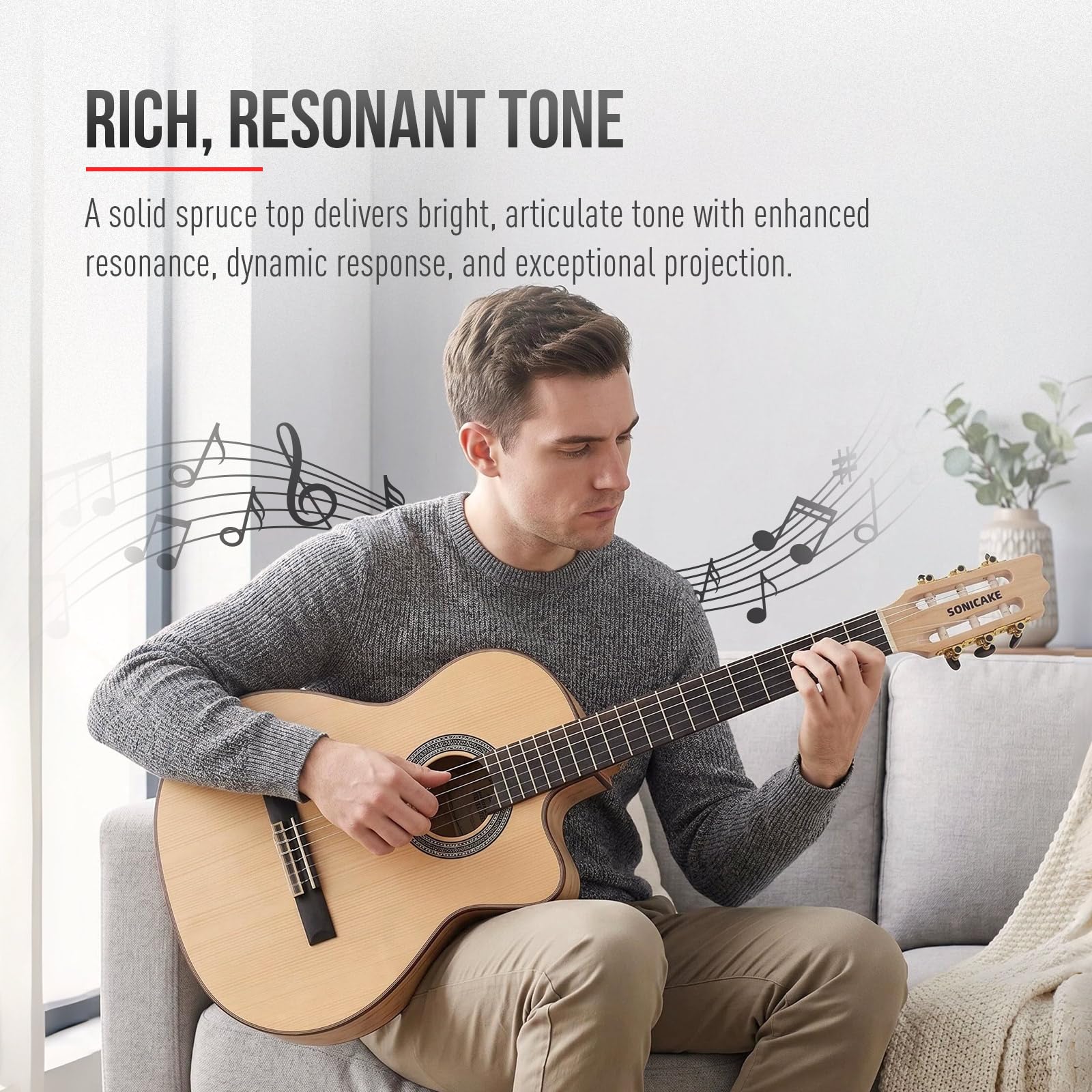SONICAKE 39" Guitarra Acústica-Eléctrica Crossover | con Afinador, Pastilla y Preamp, Tapa de Picea Maciza, Cuerpo de Arce Vetado, EQ de 3 bandas, Cuerdas de Nylon QGT-30