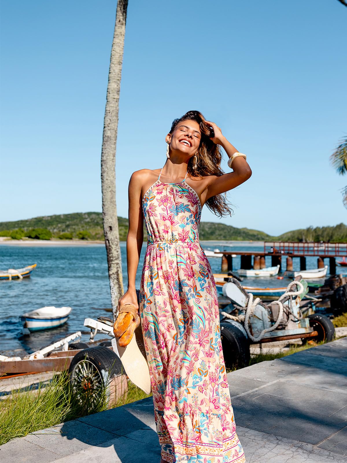 CUPSHE Damen Sommerkleid Neckholder Ärmellos Rückenfrei Rüschen A-Linien Strandkleid Fließendes Urlaubskleid Freizeitkleid