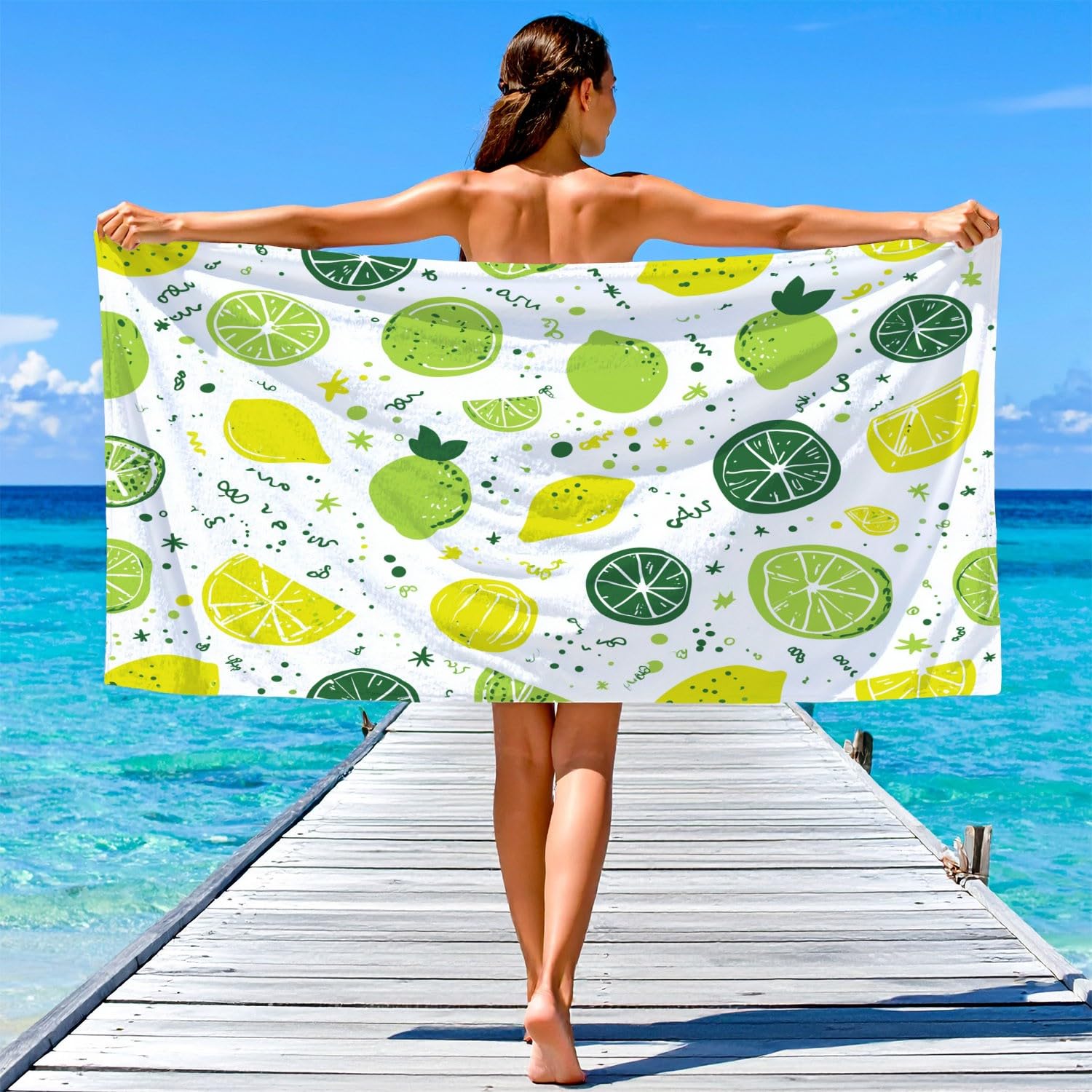 Générique Serviette de Plage Microfibre 200 x 100 CM,Drap de Plage Style Livre d'images, Graffiti, Couverture de Plage Absorbante,Couverture de Bain Lime, Citron, Pois, Étoiles