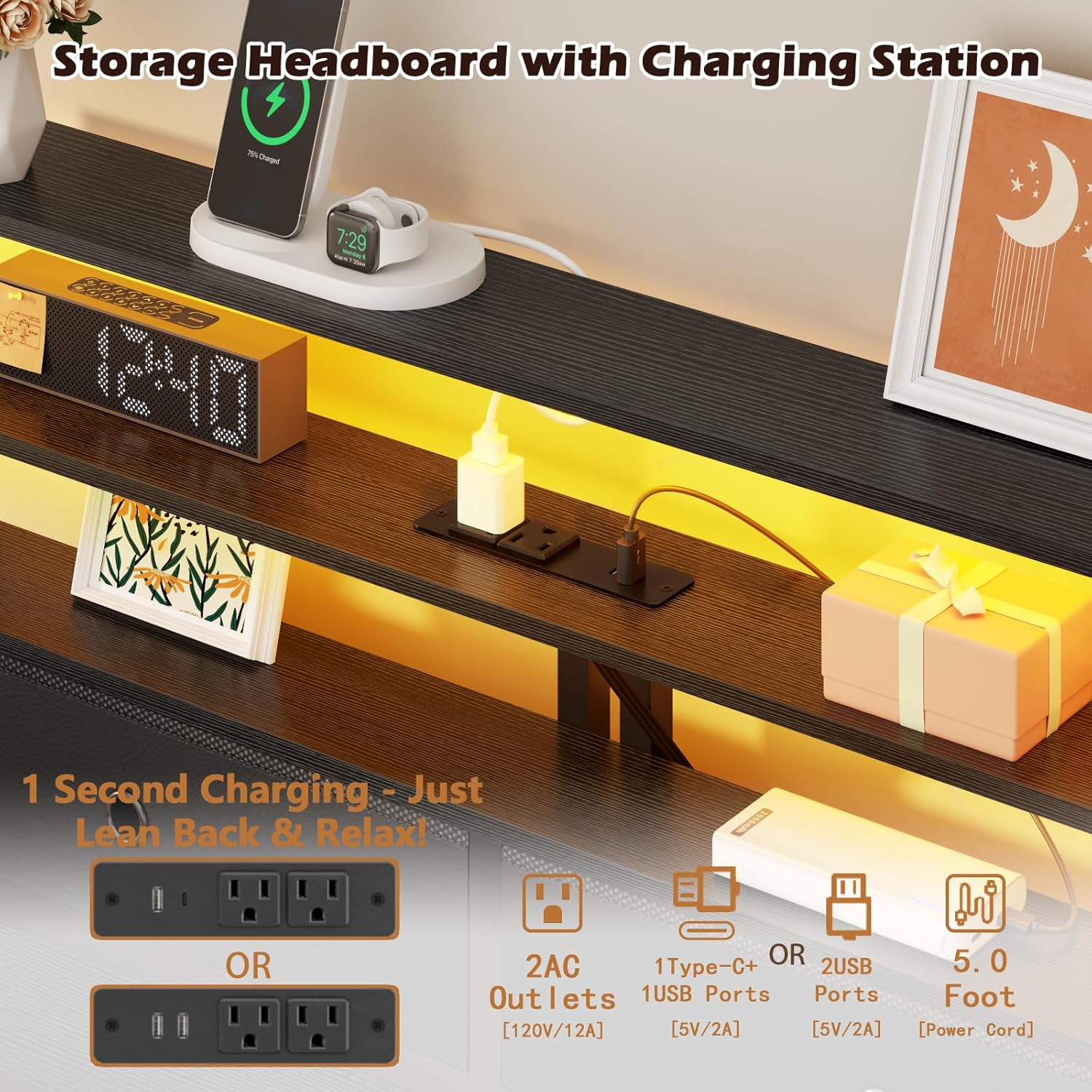 Furnulem Twin Bed Frames with Charging Station and LED Lights, Wood Headboard with 2 Fabric Drawers and Storage Shelves, Twin Size Platform Bed with Metal Slats, No Box Spring Needed, Black Oak