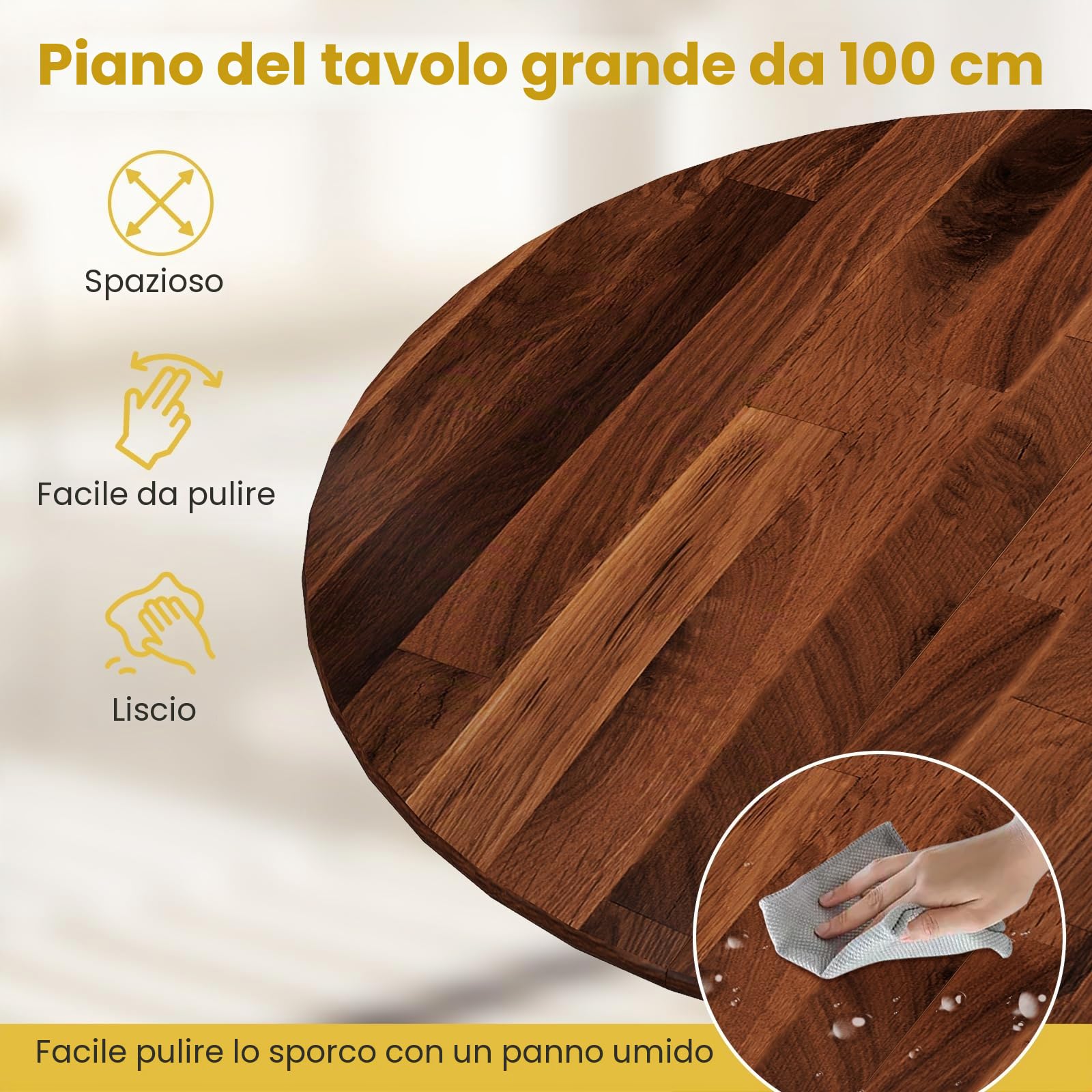 GIANTEX Tavolo da Pranzo Rotondo Moderno, Tavolo da Pranzo in Legno di Gomma, Tavolo Cucina Adatto per 4 Persone, per Cucina e Sala da Pranzo，100 x 100 x 73 cm (Noce)