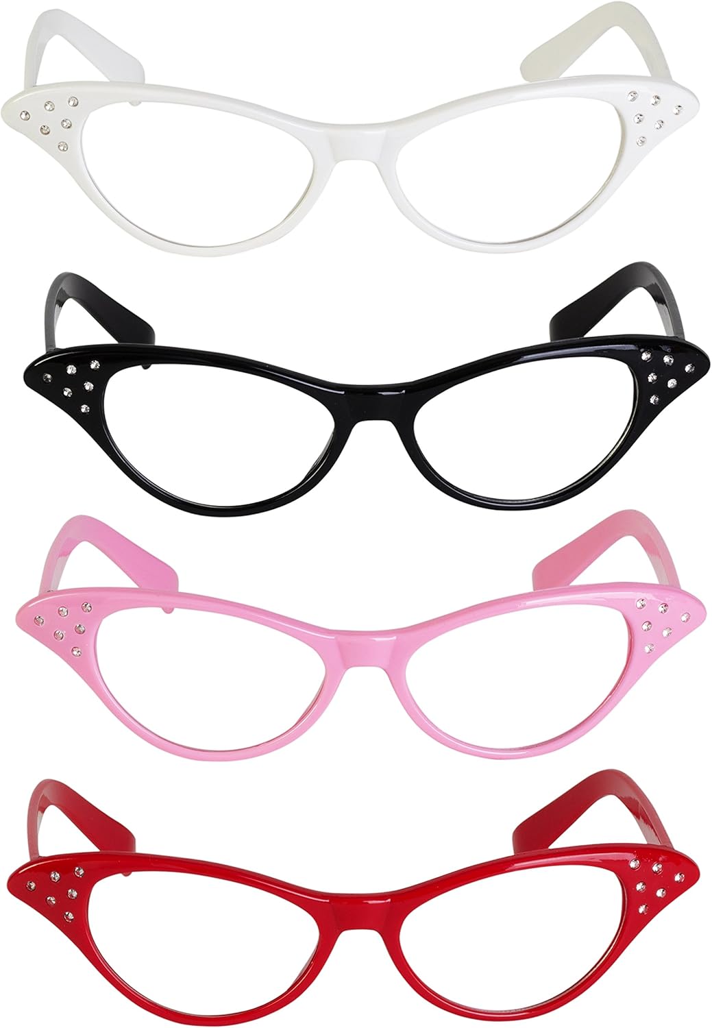 Cat Eye Glasses with Rhinestones - (Pack of 4) Vintage Retro 50s 60s Inspired Clear Non - Prescription Costume Cateye Sunglasses for Women & Kids by Bedwina : Clothing, Shoes & Jewelry
