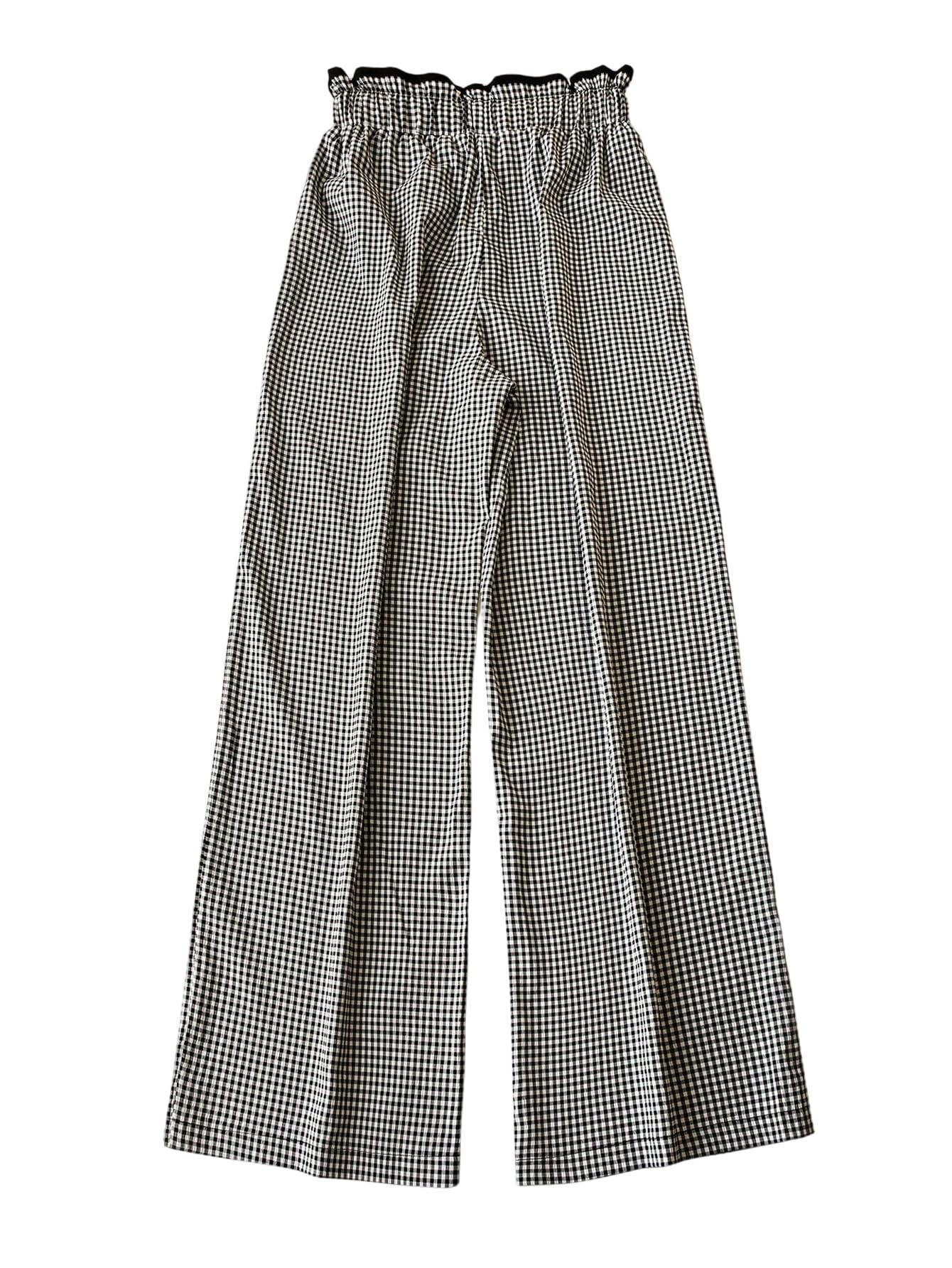 MakeMeChic Womens Gingham Straight Leg Long Pants Drawstring Paperbag Waist Loose Trousers with Pockets