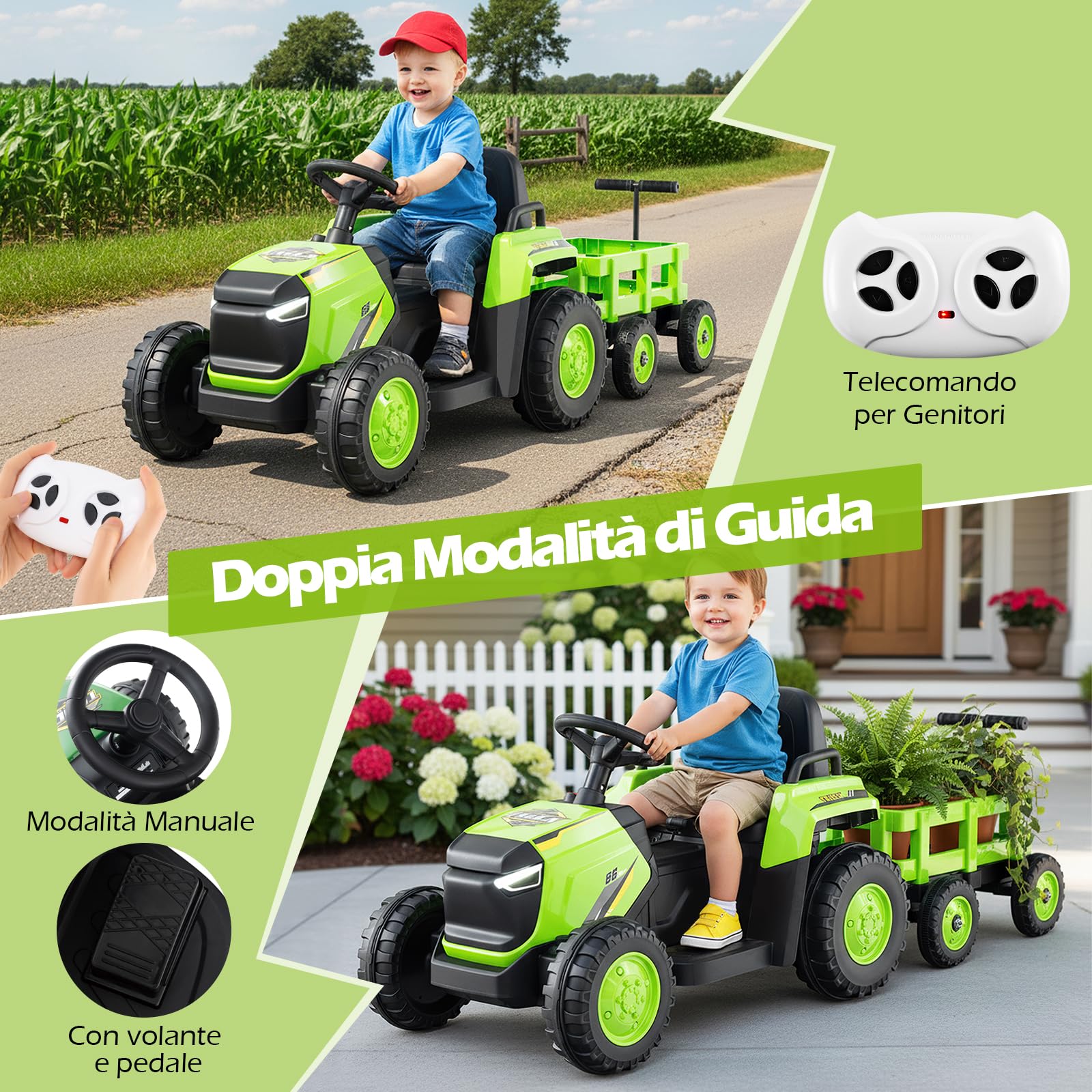 COSTWAY 12V Trattore Elettrico per Bambini, Trattore a Pedali con Rimorchio Staccabile Controllo Remoto Fari LED Clacson e Musica, Macchina Elettrica per Bambini 37-95 Mesi (Verde)