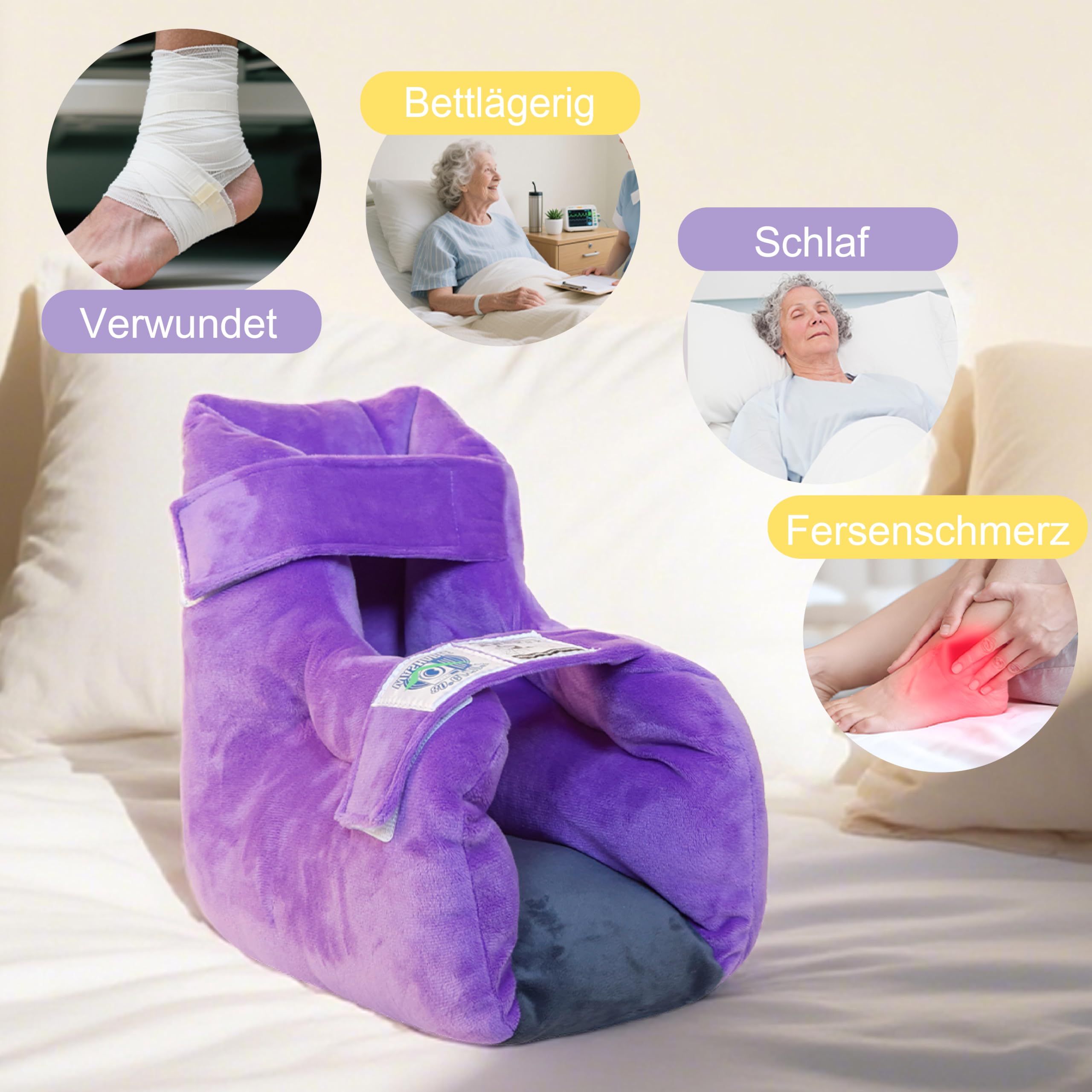 Velours-Fersenschoner, Bettwund-Kissen für Druckstellen, Samt-Fußkissen, Stützstiefel für bettlägerige Patienten, Knöchelkissen, Fersenschutz für Fersenschmerzen (1 Stück)