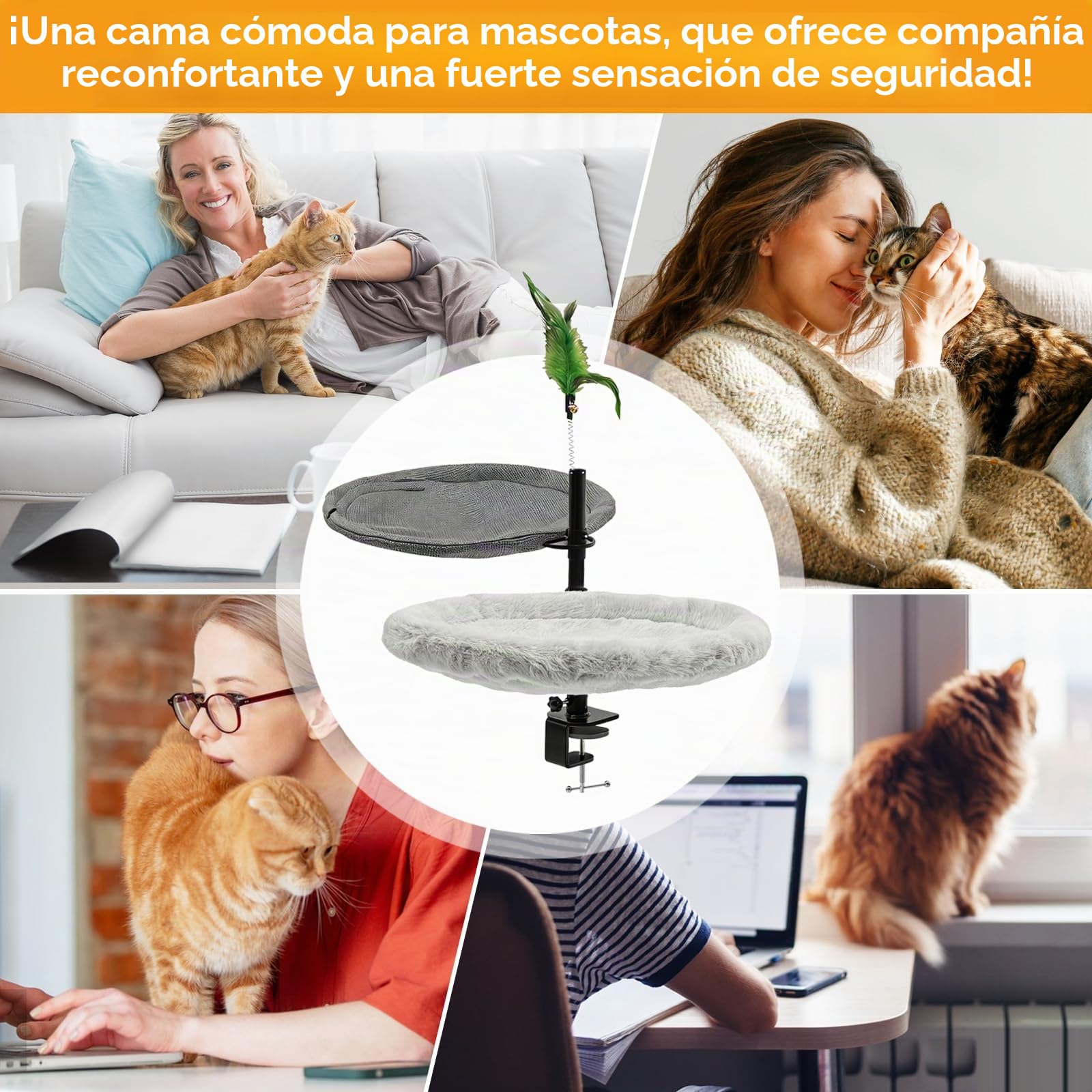 Doble Capa Camas para Gatos de Escritorio, con Barra de Resorte, Ajuste de Altura, Rotación de 360°, Capacidad de Carga hasta 20 kg, Hamaca Cómoda para Gatos, Ideal para Hogar y Espacios de Trabajo