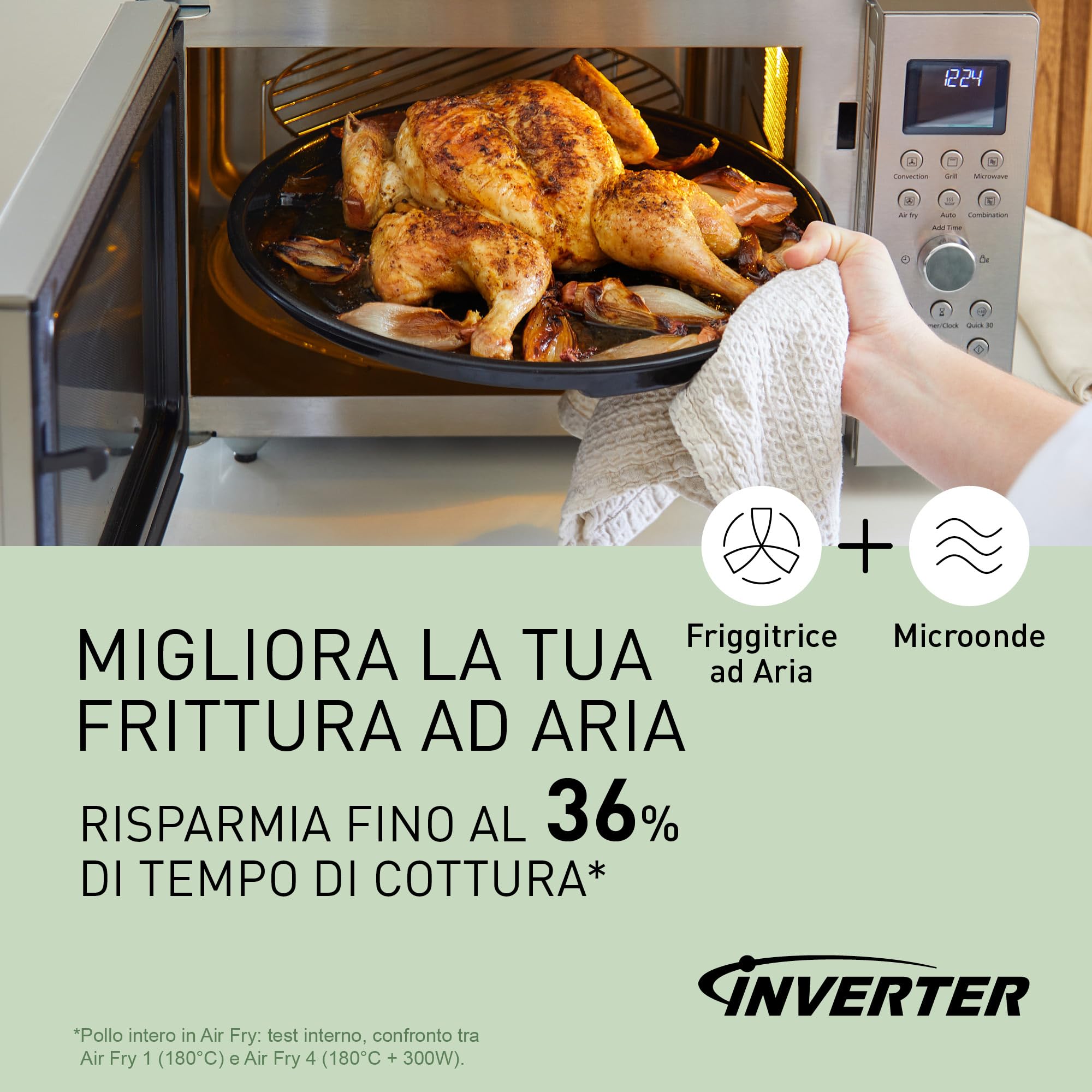 Panasonic NN-CD58RSEPG Friggitrice ad Aria e Forno a Microonde Combinato 4 in 1 da 27 L, Inverter da 1000W, Grill da 1300W, Convezione, 19 Programmi Automatici, Acciaio Inossidabile