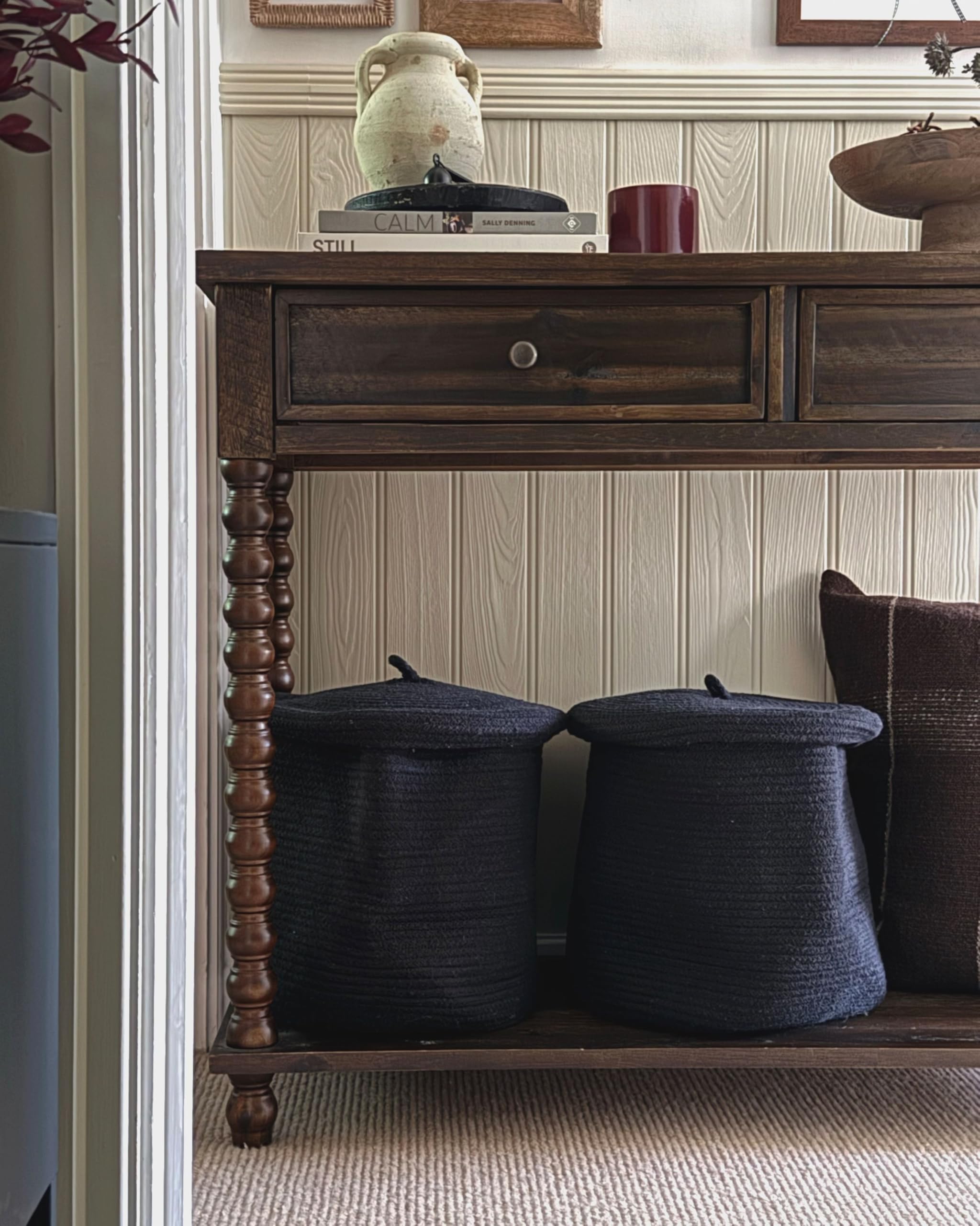 Korb 2er Set Baumwolle schwarz geflochten mit Deckel Boho-Design Silopi