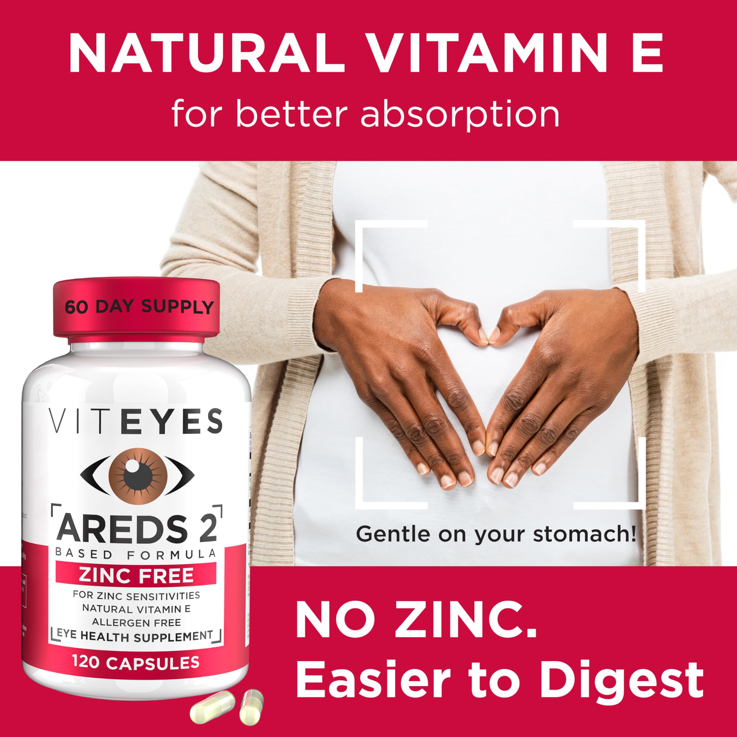 Viteyes AREDS 2 Zinc Free Macular Support, Natural Allergen Free Capsules with Vitamin E, Vitamin C, Lutein & Zeaxanthin, No Zinc, No Copper, Eye Doctor Trusted, Manufactured in The USA, 120 Ct — Amazon image 6