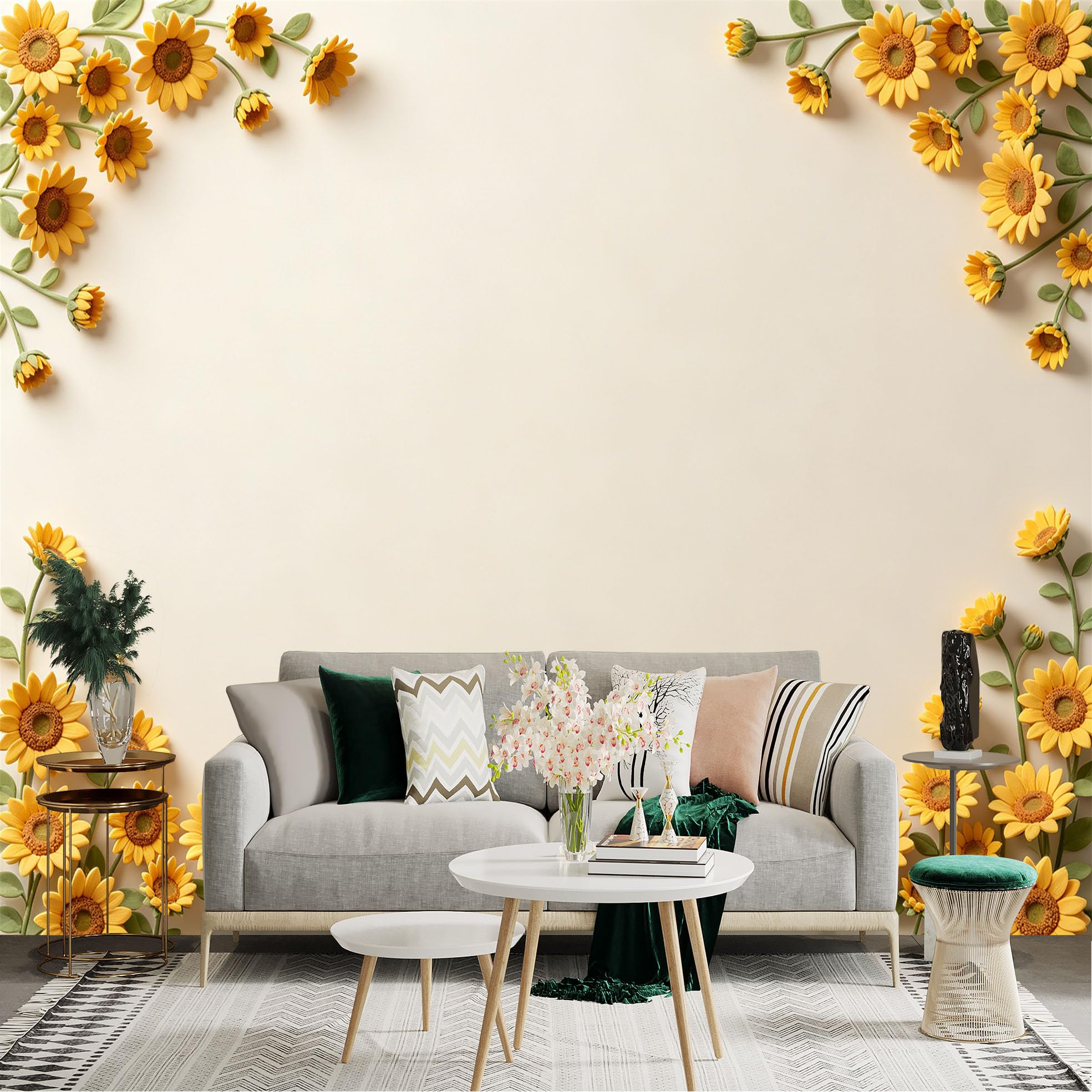 Lnzczhyre Dbh260521899 Custom Size Wall Sticker Mural， Beautiful Yellow Sunflower Border， Floral Frame Design， Elegant Spring Blossom Arrangement， For Wall Decoration， Peelandstick Wall Decals.