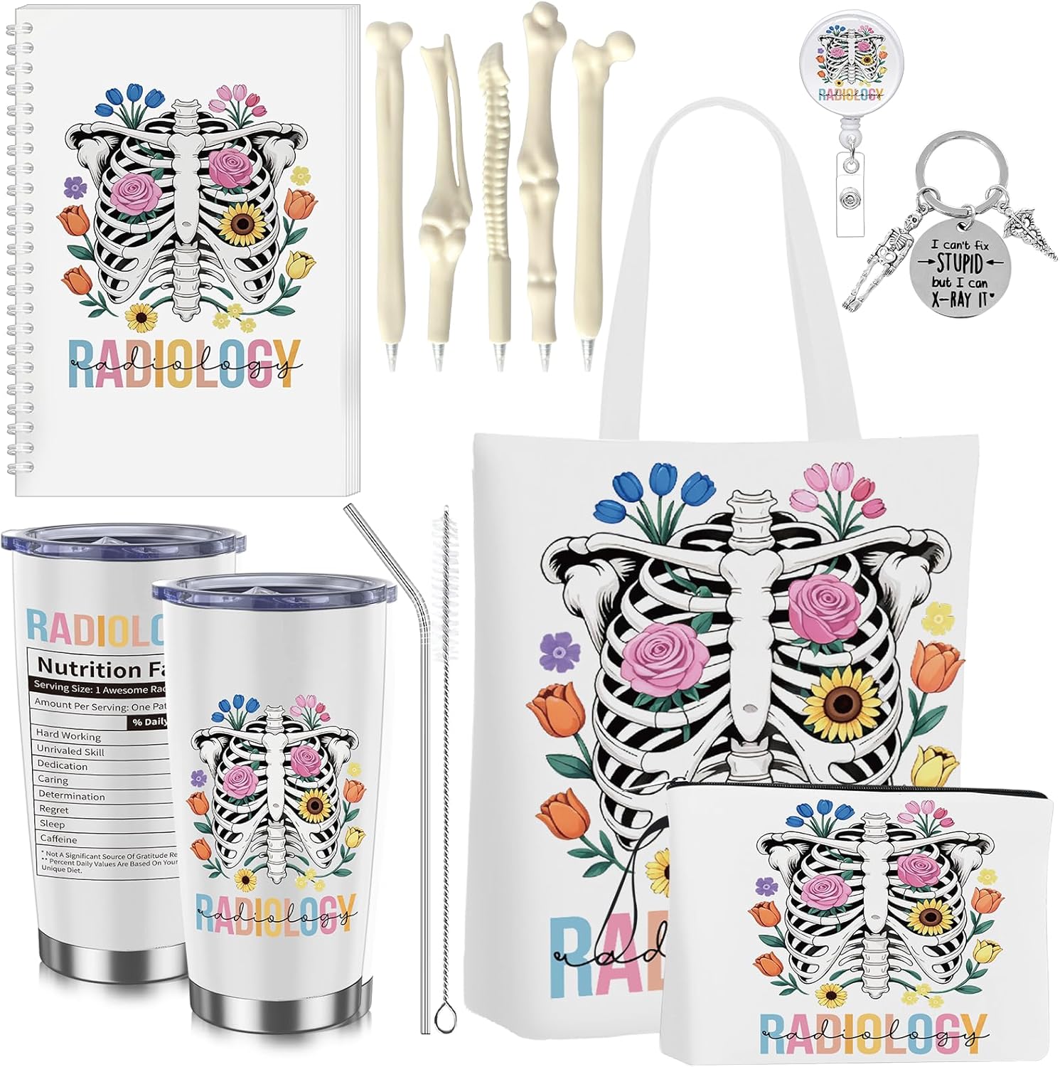 11 Pcs Radiology Technologist Gifts Set Include 20oz X-Ray Tumbler Makeup Bag Tech Tote Bag Notebooks ID Holder Clips Ballpoint Pens X-Ray Technologist Appreciate Gift for Nurse Doctor Orthopedic