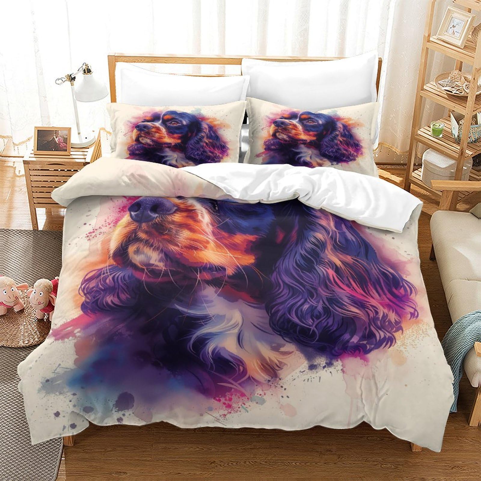 Housse de couette 260x220cm Chien Super King parure de lit 3 pièces microfibre Le coqer