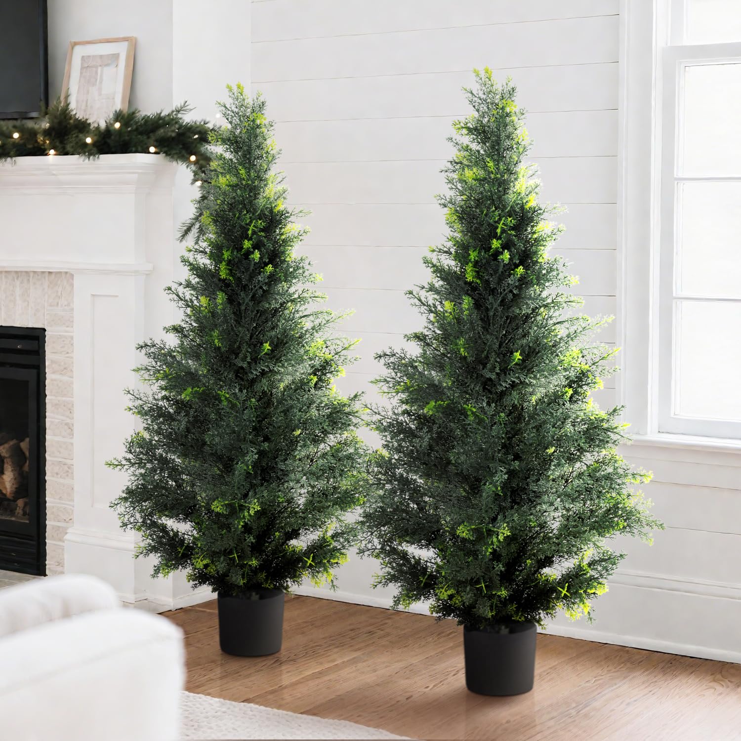 Coonoble Artificial Narrow Christmas Trees 4Ft Tall Cedar Tree Faux Topiary Set of 2, Fake Xmas Tree Topiary Boxwood Plant with Planters for Front
