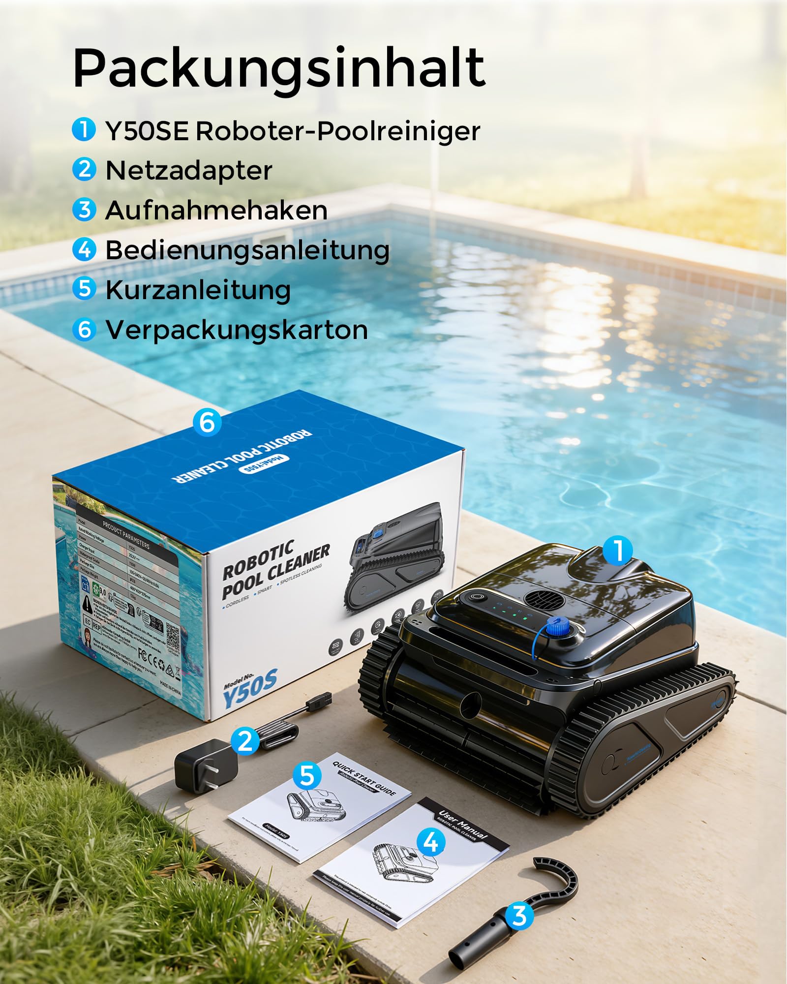 (2026) Y50SE Poolroboter Boden und Wand, Wasserlinie, 120 Min Laufzeit, Intelligente Navigation, Flachzone 4-in-1, Kabelloser Poolsauger Akku, 4 Sensoren, Starker Poolsuager für Pools bis zu 200 m²-SC