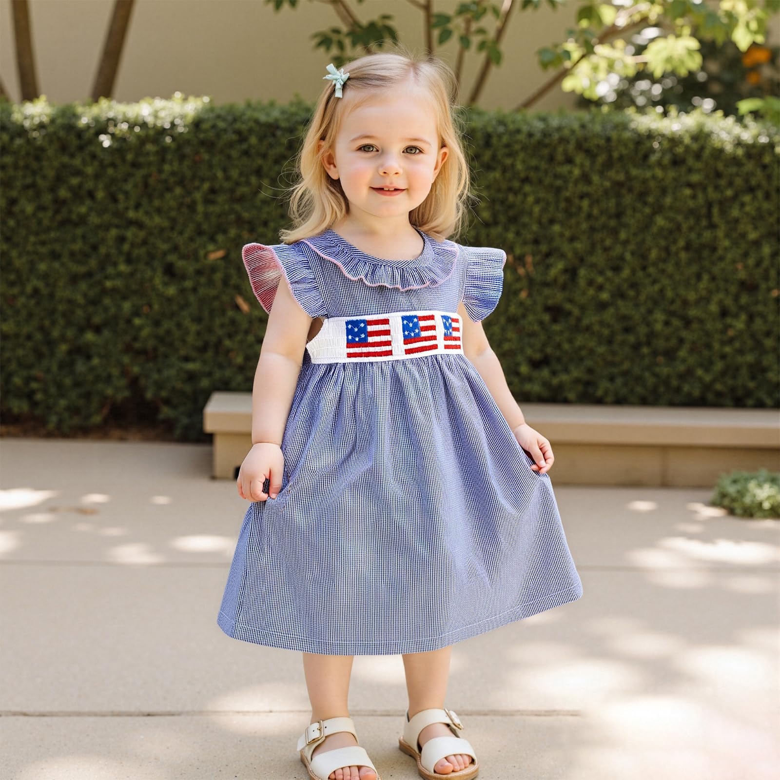 Suolongsama 4th of July Baby Girl Outfits Toddler Independence Day Smocked Dress Peter Pan Collar Flutter Sleeve Dresses (Blue, 3-4 Years)