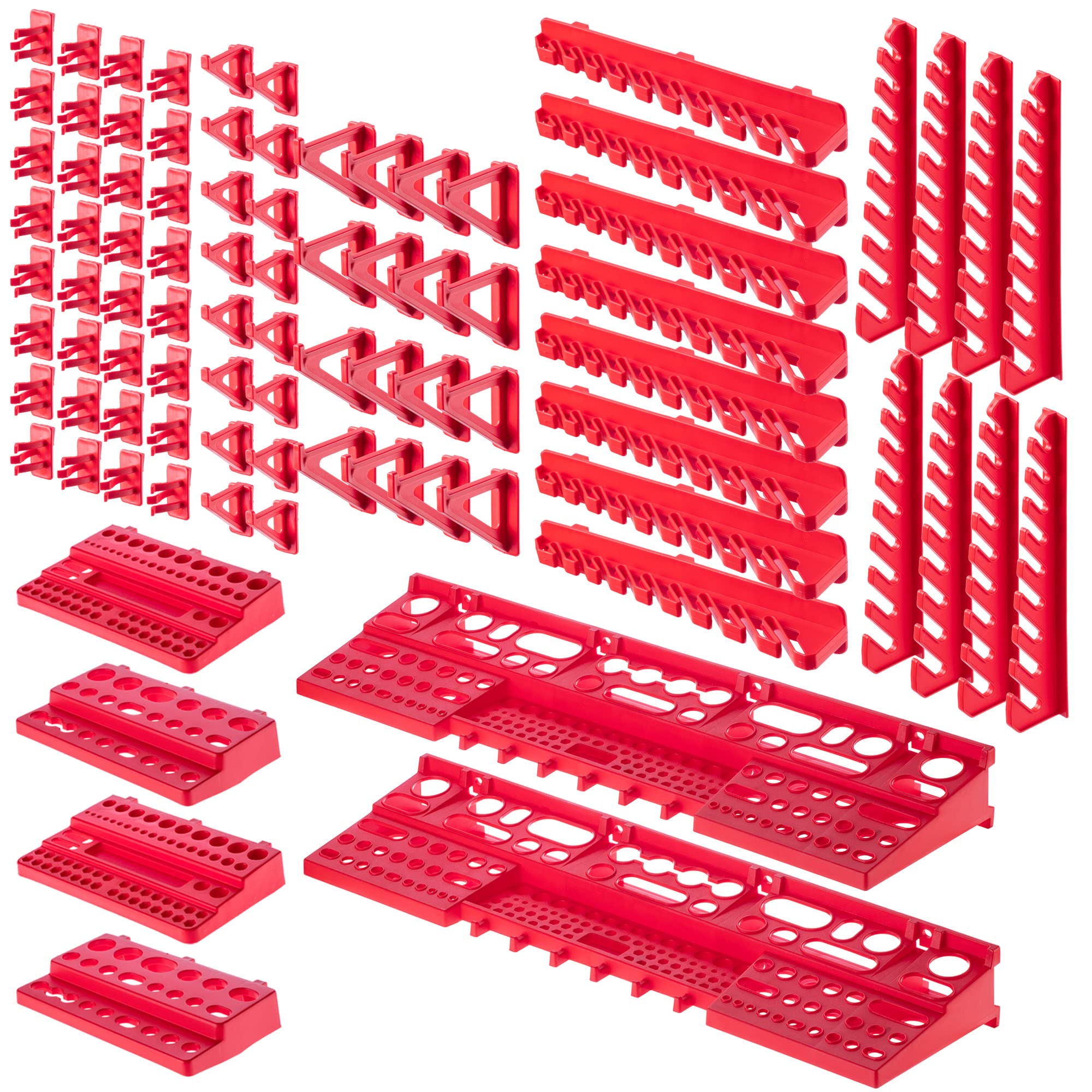 KADAX Estantería de pared para herramientas grande, 232 x 78 cm, sistema de almacenamiento de plástico resistente, sistema modular resistente a los rayos UV, paneles (rojo y negro, 132 piezas)