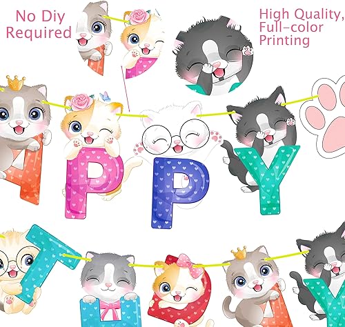 Miniatura 7 de Decoración de fiesta de gatos: lindo patrón de gatito de dibujos animados, guirnalda, globos de papel de aluminio, adornos para pasteles para fiesta