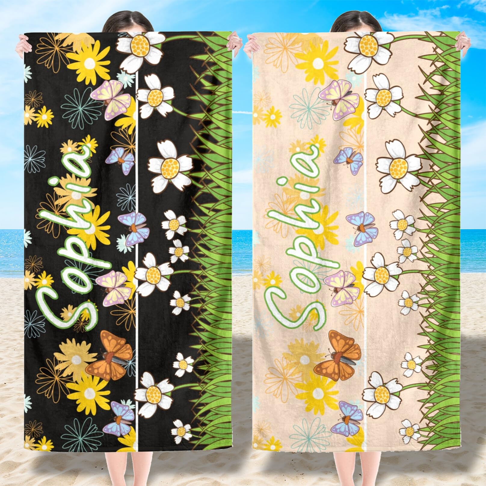 Personalized Beach Towels for Kids, Custom Beach Towels with Names, Quick Dry & Absorbent Swim Pool Towel for Adults, Customized Flower Bath Towels