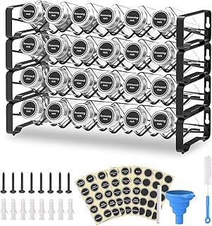 Mutool Spice Racks with Jars,4 Tiers Spice Racks Free Standing, Metal Spice Racks Wall Mounted with 24pc Glass Jars, 80pc Spice Labels, a Pen,a Funnel and a Brush（Black）