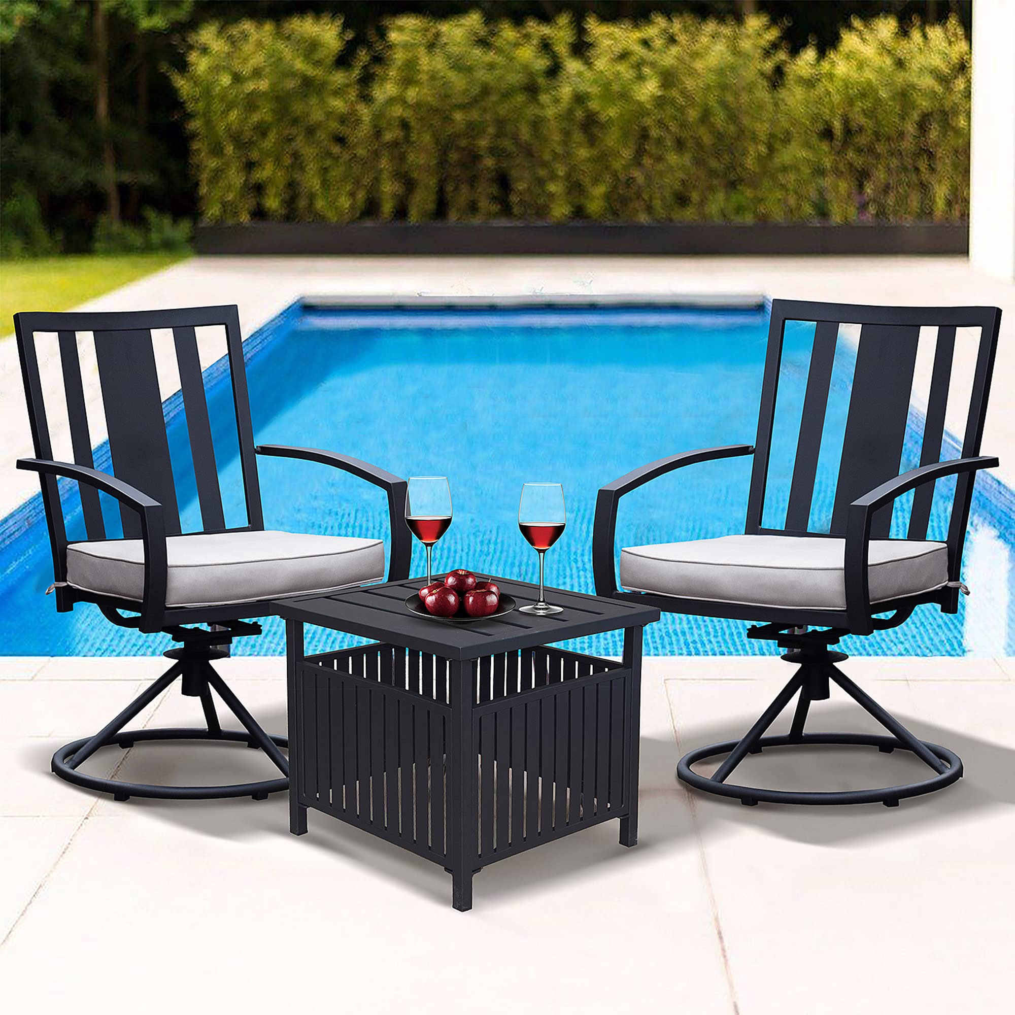 ATR ART TO REAL Outdoor Swivel Dining Chairs Set of 3, Patio Dining Chair Porch Swivel Rocker Chairs with Cushion & Steel Side Table with Umbrella Hole