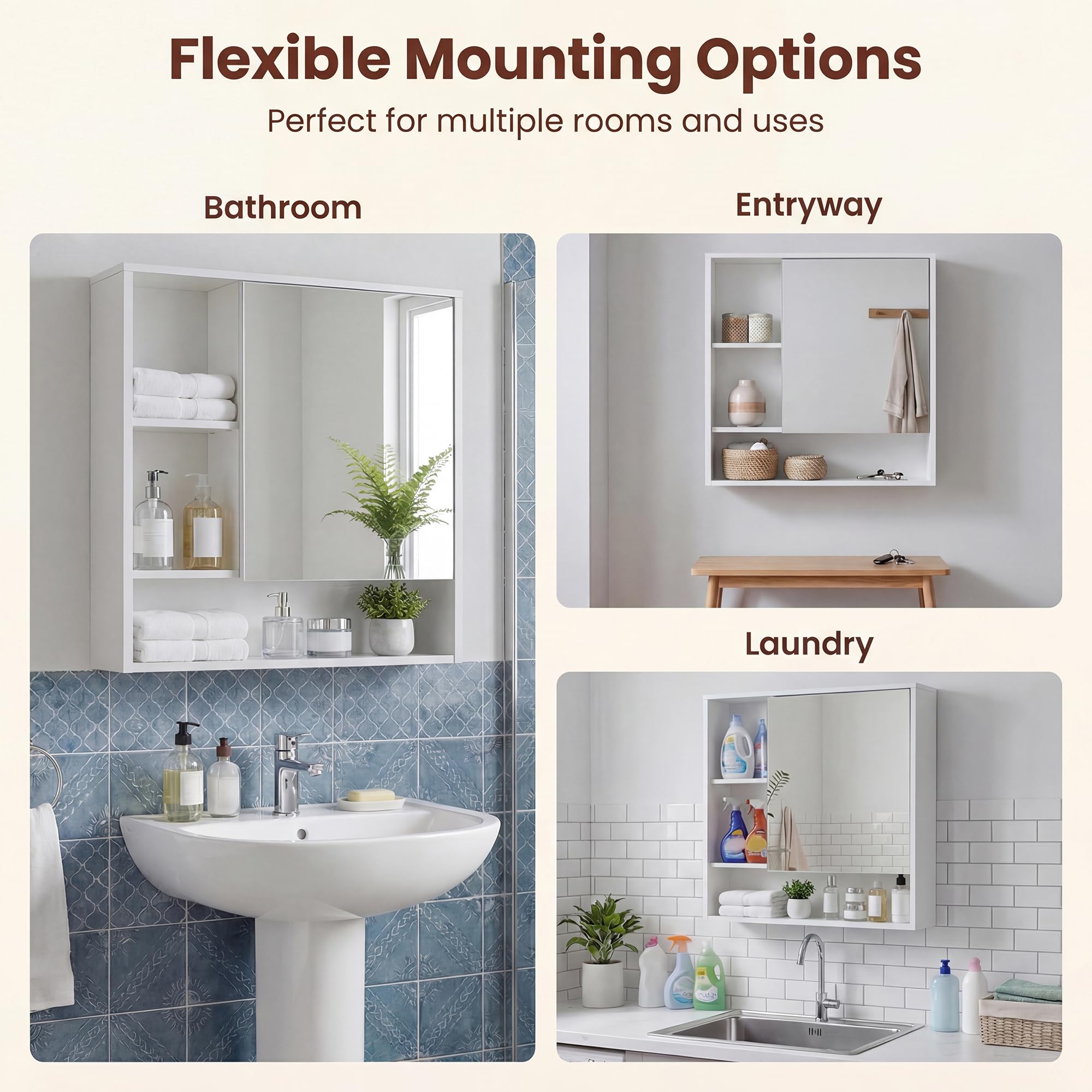 LIFEZEAL Armadietto da bagno a parete, mobile portaoggetti con anta a specchio, armadio, 3 ripiani aperti, portaoggetti salvaspazio moderno per cucina ingresso (bianco, 56 x 16 x 61 cm)