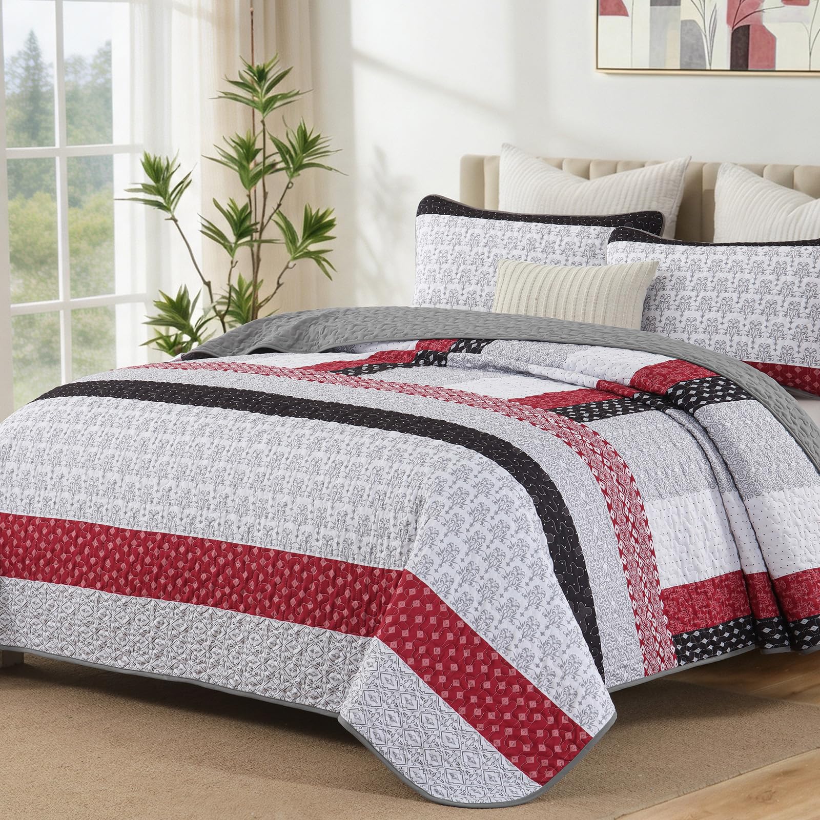WONGS BEDDING Boho Queen Size Quilt Set, Black Red Striped Bedspread