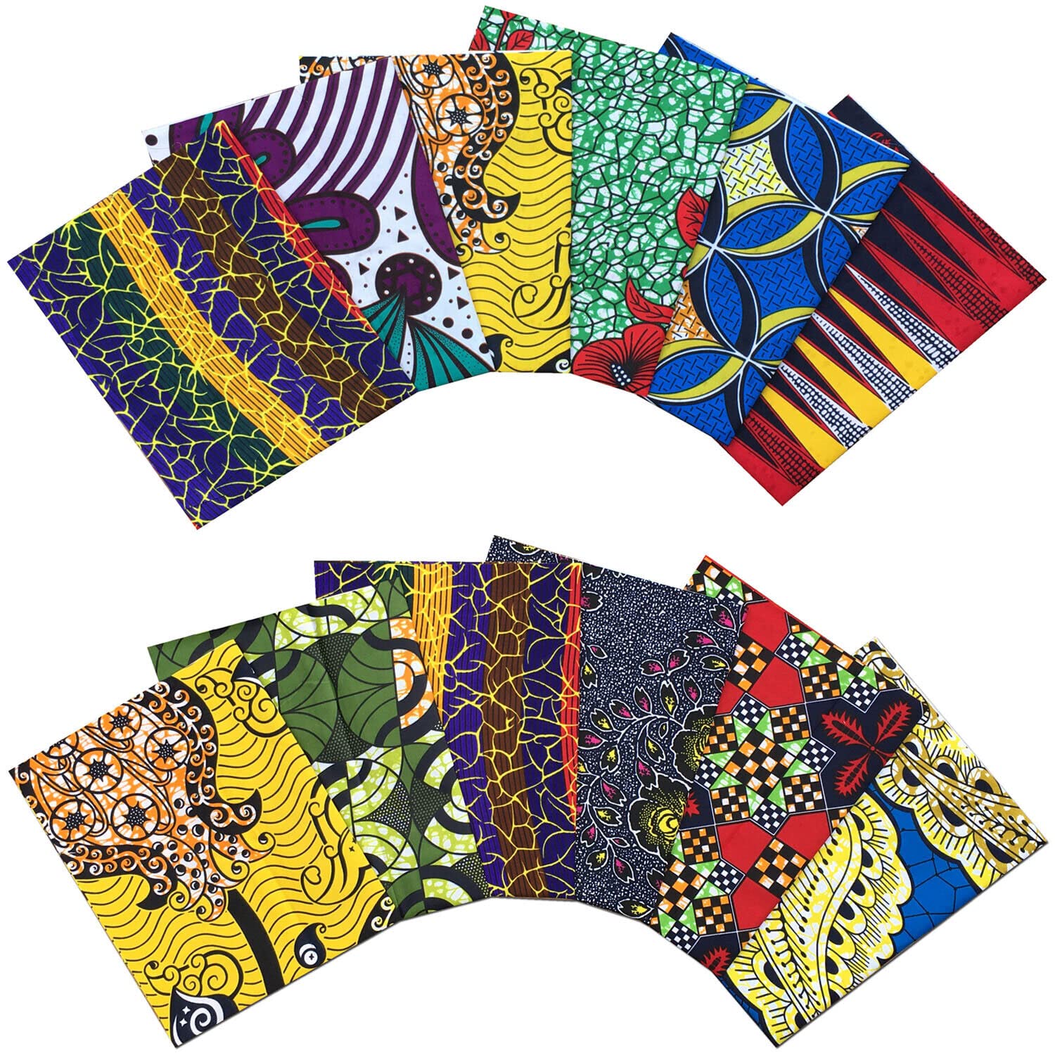 African Fabric Multicolored Polycotton Wax Prints 10x Fat Quarter Bundle for Crafting Patchwork Quilting Sewing