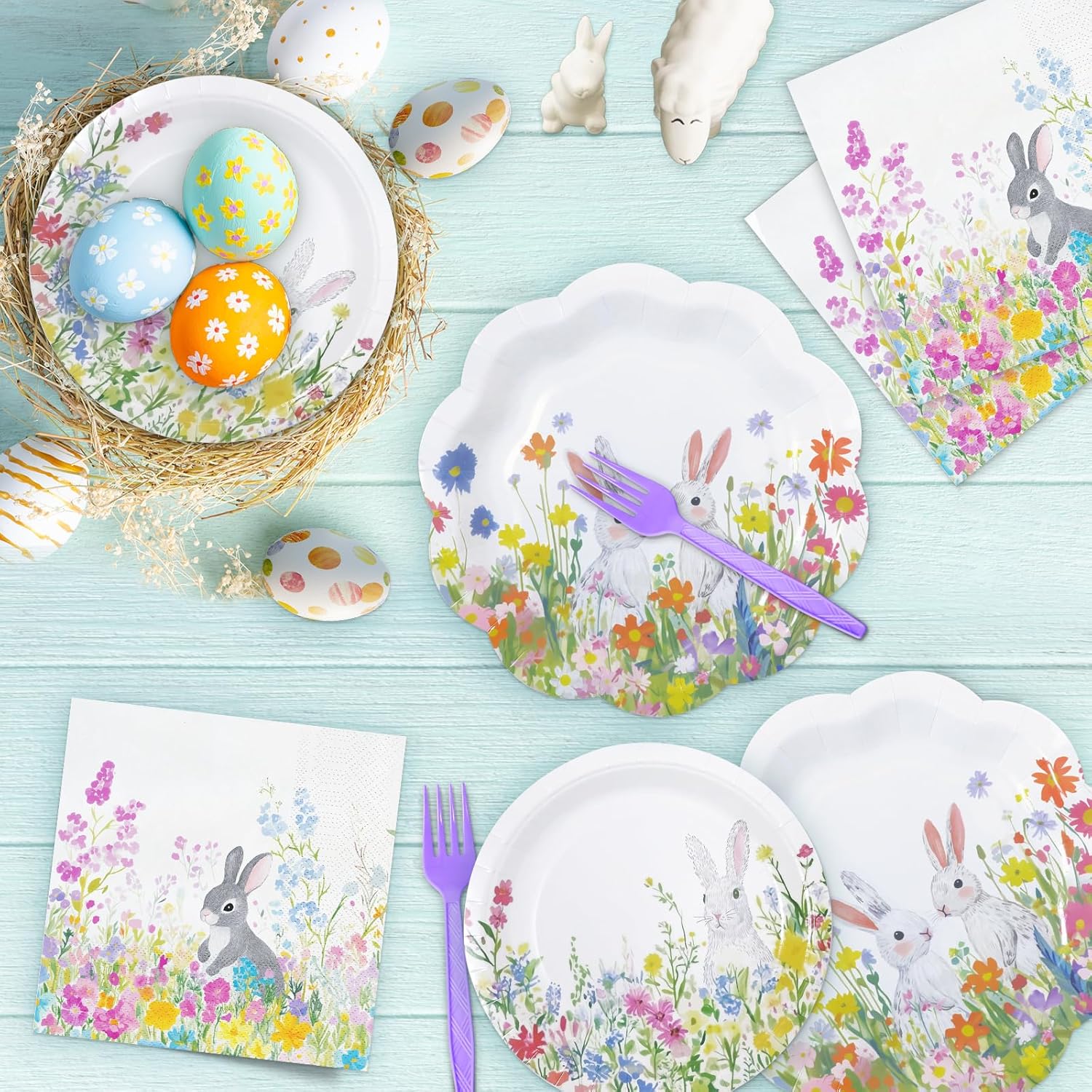 YY 200 Easter Party Paper Plates Disposable Dinnerware Set Serve 50 Dinner Plates Napkins with Forks