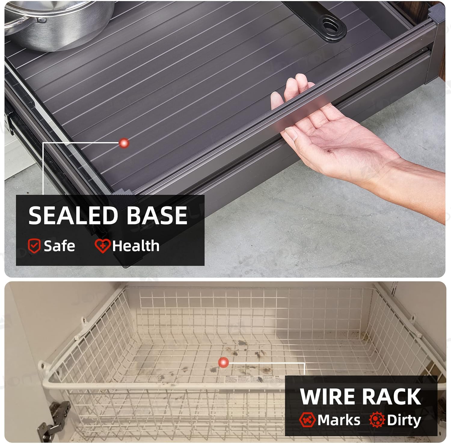 JOMOLA Pull Out Kitchen Cabinet Drawer Roll Out Pantry Shelves Heavy Duty Sliding Tray for Cabinet Full Extension Kitchen Cupboard Slide Out Shelves Organizer with Dividers 23 Inch Wide × 21 Inch Deep