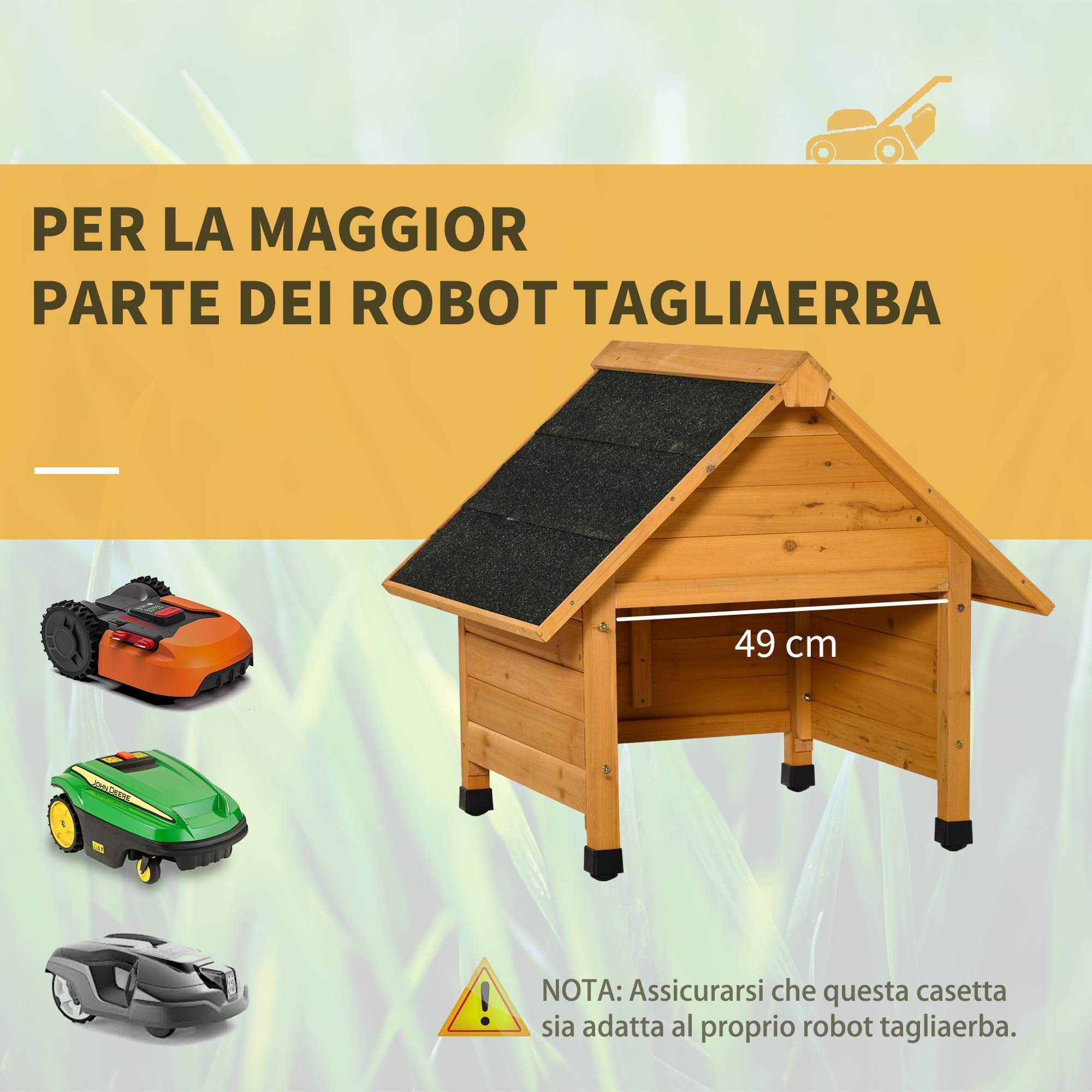 Outsunny Casetta per Robot Tagliaerba in Legno con Piedini Rialzati Tetto Inclinato Impermeabile e anti-UV, Giallo, 75x76x70cm