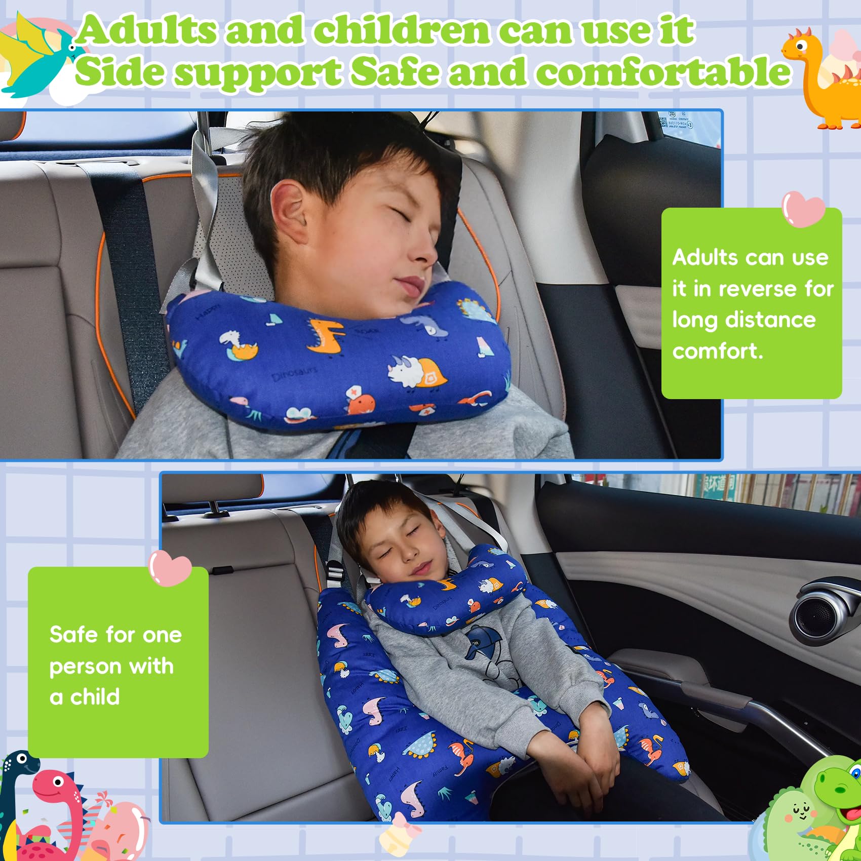 Coussin de Voyage pour Enfant Voiture, Oreiller Voiture Enfant H, Coussin Voiture Enfants Dormir, Lavable, Réglable Et Respirant, pour Les Longs Trajets En Voiture (Dinosaure-3)