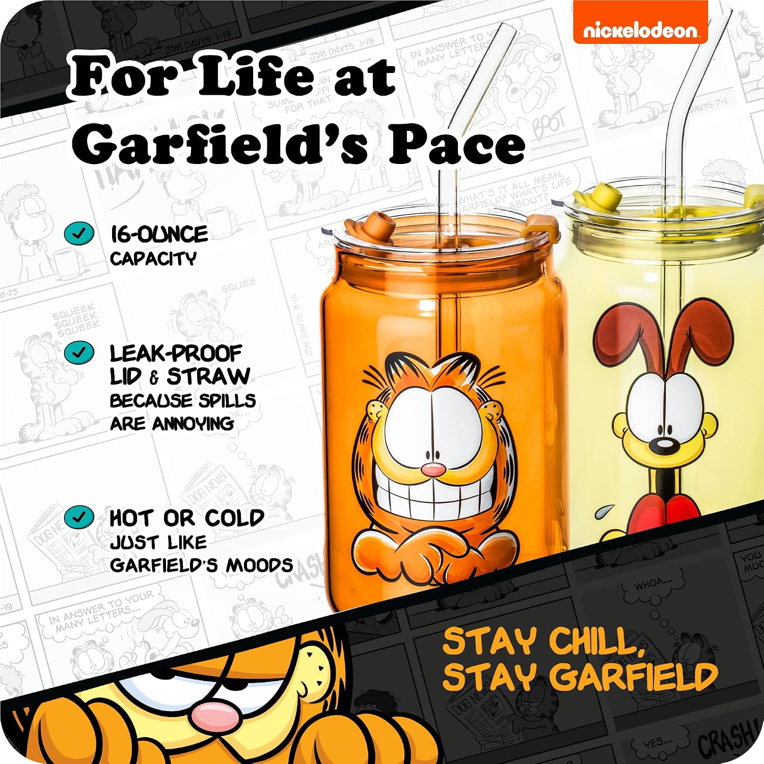 Dragon Glassware x Garfield Glass Cups with Straws & Lids, 16 oz Set of 2