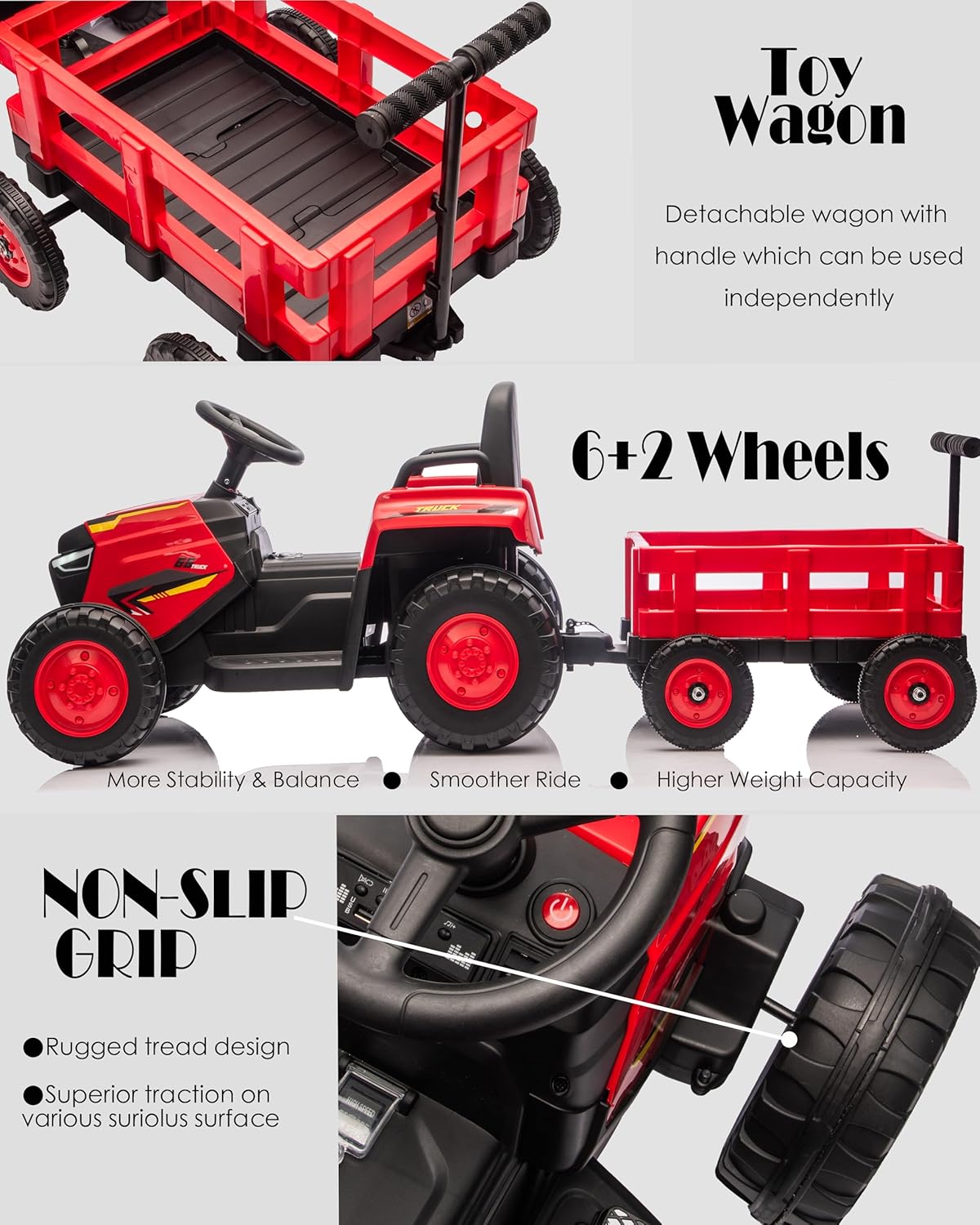 Garvee Toddlers Ride on Tractor with Detachable Garden Cart, 12V Electric Kids’ Vehicle with Trailer, Ages 3–8, Max Load 66 Lbs, Up to 2.5 Mph, Battery-Powered 8-Wheel, Remote Control, Garden Game