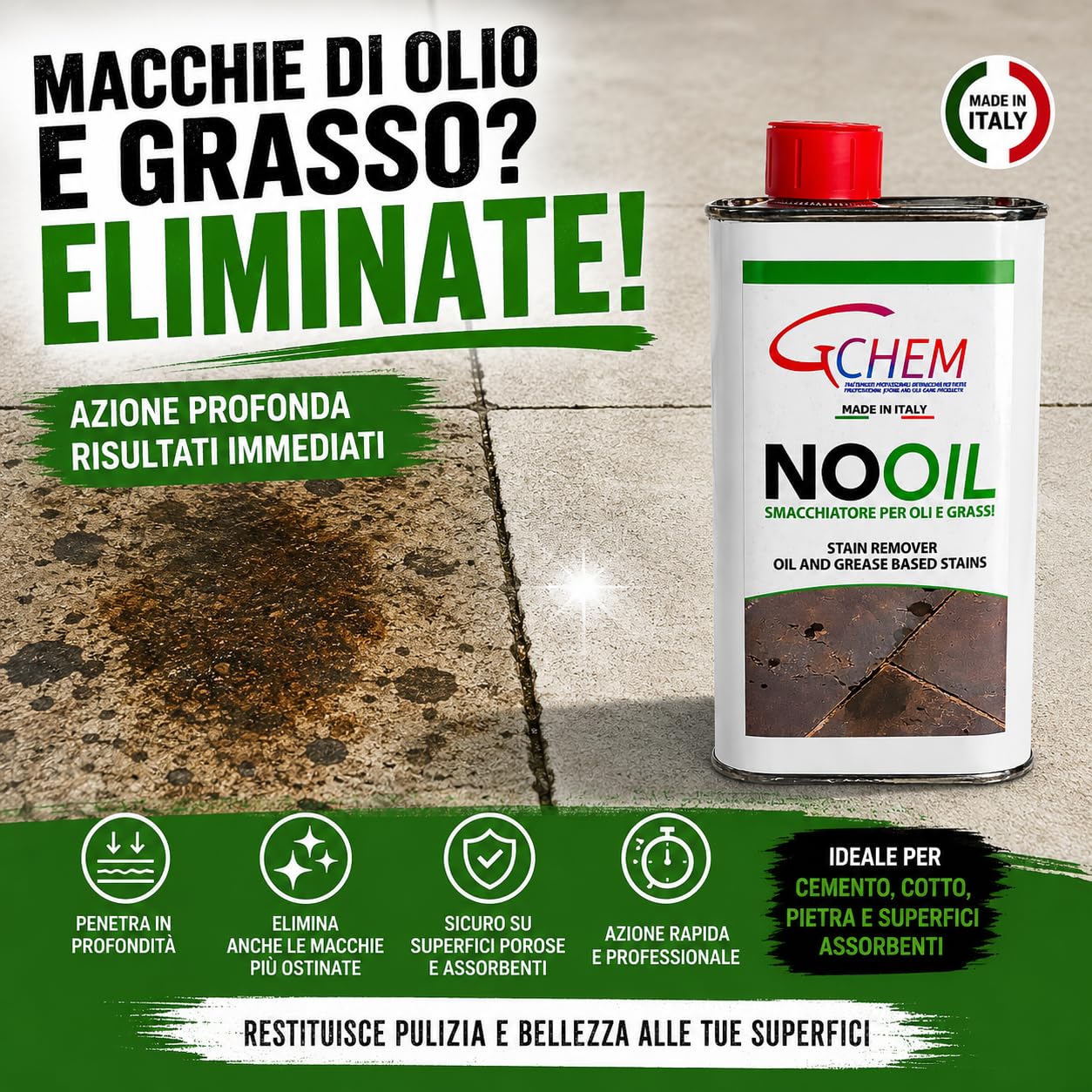 Smacchiatore Professionale Rimuovi Macchie di Olio e Grasso da Marmo, Cotto, Pietra e Cemento - smacchiatore efficace per rimuovere macchie di olio e grasso da qualsiasi superficie in pietra