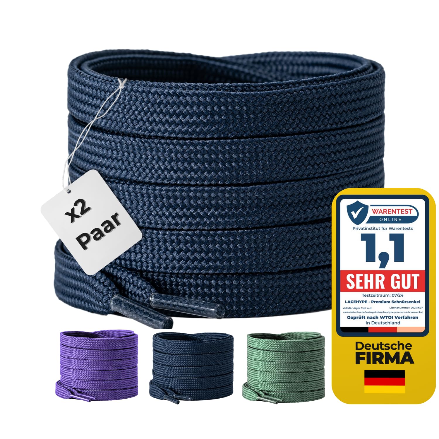 LaceHype 2 Paar Premium Schnürsenkel flach [10 mm breit ] LC1 reißfest Schuhbänder Ersatz Shoelaces aus Polyester für Sneaker, Sportschuhe, Laufschuhe, Turnschuhe (Dunkelblau, 180)