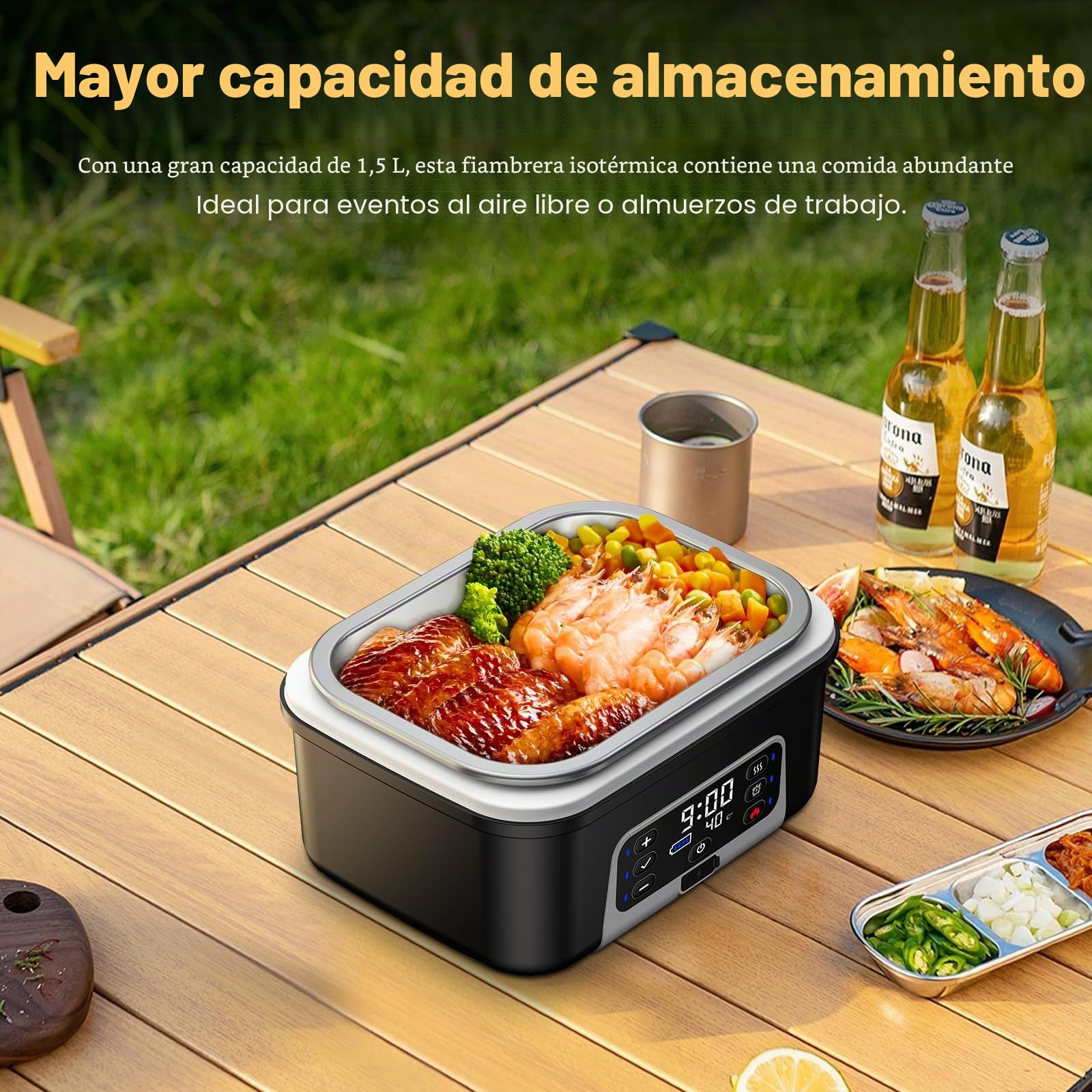 Fiambrera Eléctrica Inalámbrica, Taper Electrico para Comida con Calentamiento Programado, Para Oficina, Obra, Cámping, Coche, Lunch Box Adultos de 1,5 L| Fiambreras Comida Trabajo con batería