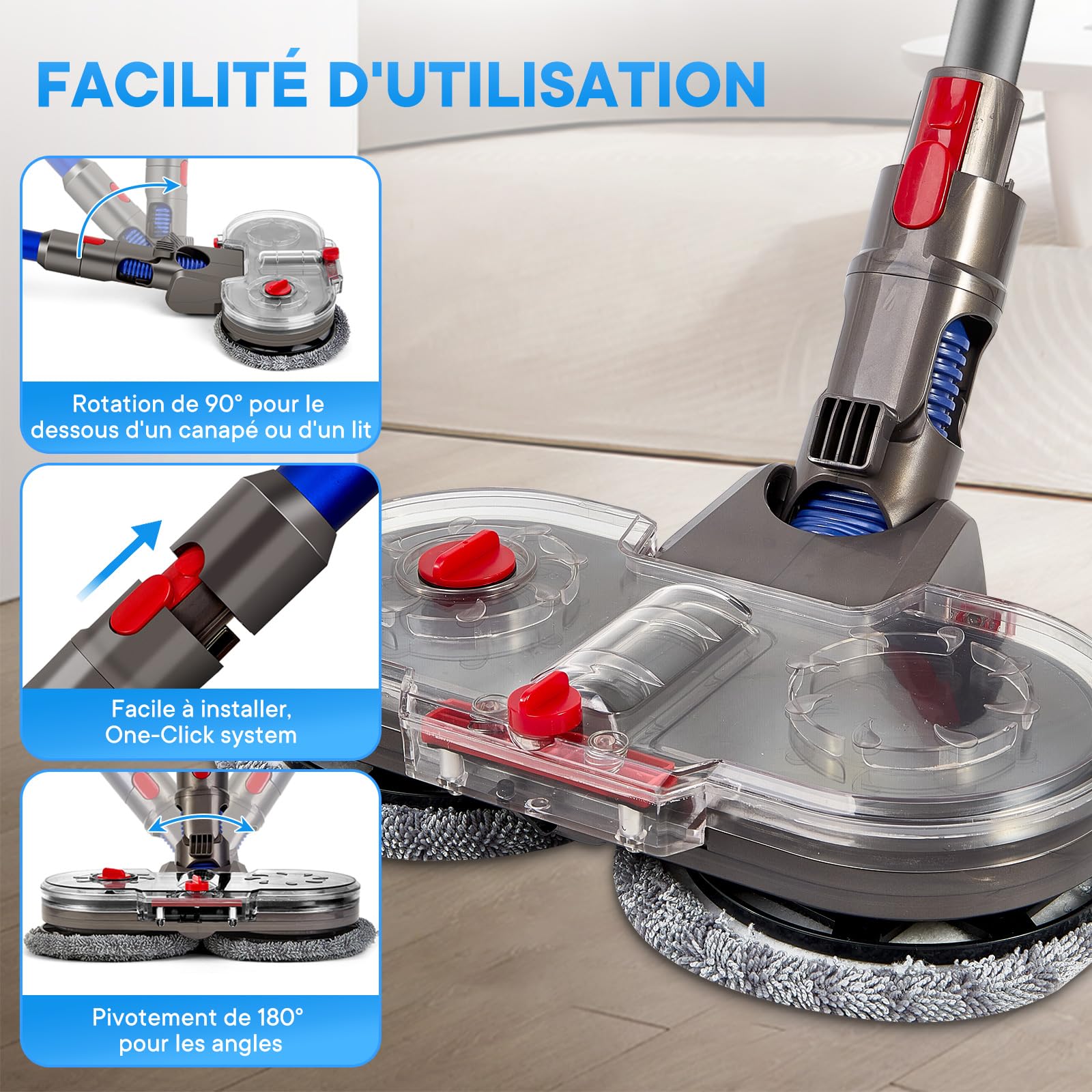 Tête de Vadrouille Électrique pour Dyson V7/V8/V10/V11/V15 | Serpillière avec Réservoir d'eau Amovible et 10 Lingettes Lavables | Compatible Aspirateur Dyson