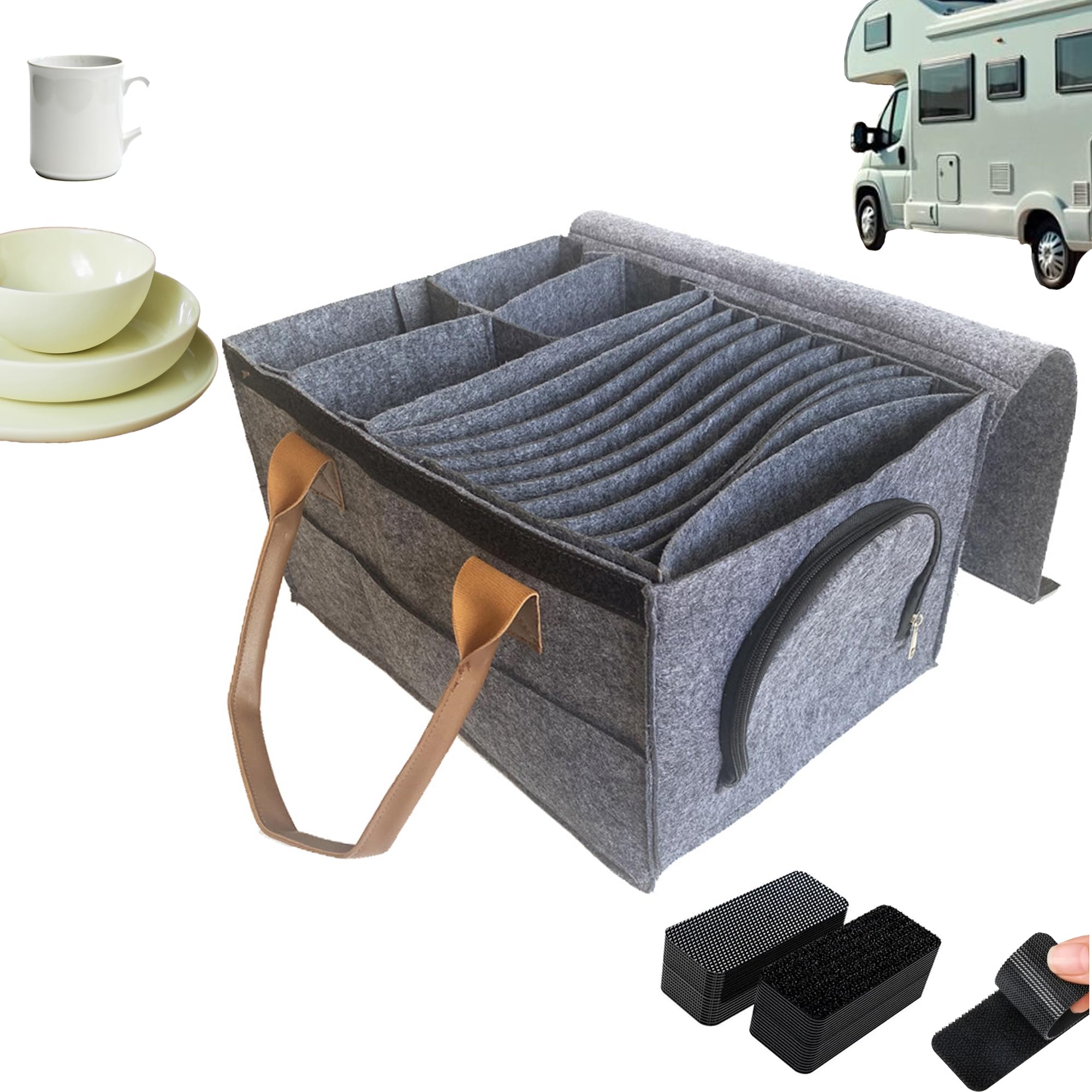 Genérico Organizador Vajilla Camping para Autocaravana,Caja Platos Camping con 8 Compartimentos y Separadores,Bolsa Vajilla Camper de Fieltro con Soporte para 4 Tazas,con 10 Tiras de Fijación(PC)