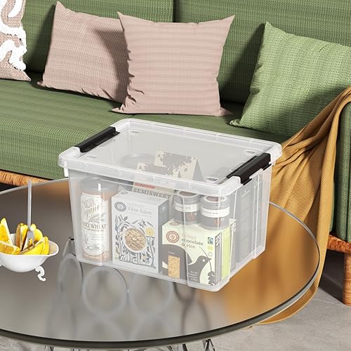 Miniatura 4 de Caja de almacenamiento de plástico transparente de 23 L con tapa, contenedor de almacenamiento apilable con ruedas y hebillas de cierre seguro, 4