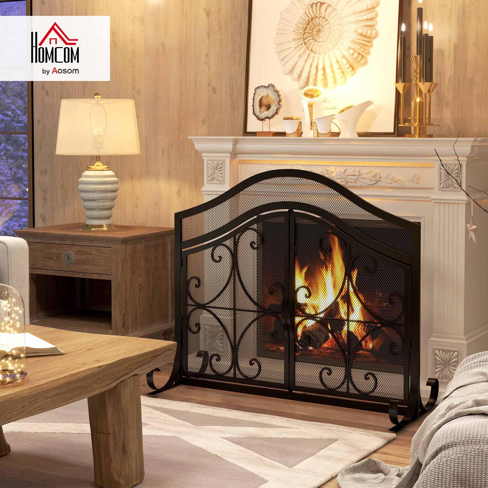 HOMCOM Pare-feu cheminée, Grille de Protection pour cheminée, Panneau Unique en Maille d'acier, Sommet arqué, avec Double Porte magnétiques, 105 x 40 x 80,5 cm, Noir