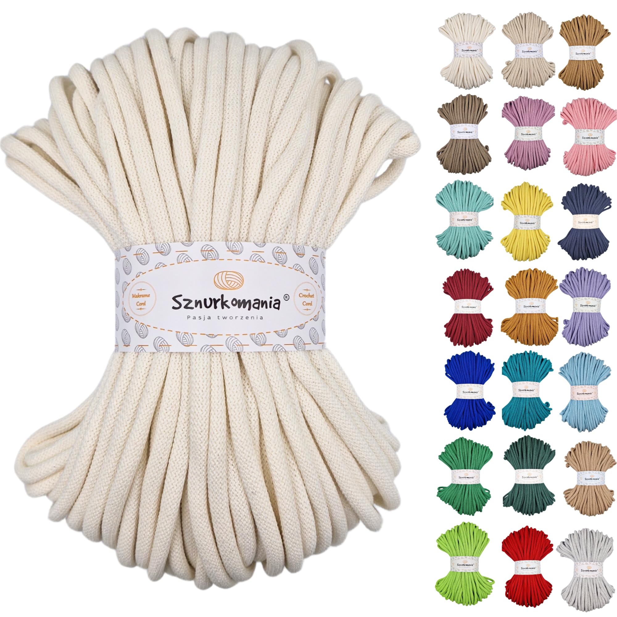 Sznurkomania, Cotton Cord 9mm 50m, Many Colors, Macrame Yarn, Cotton Yarn, Braided Cotton Cord 9mm with Core, Crochet Cord, Crocheted Bag (Ecru)