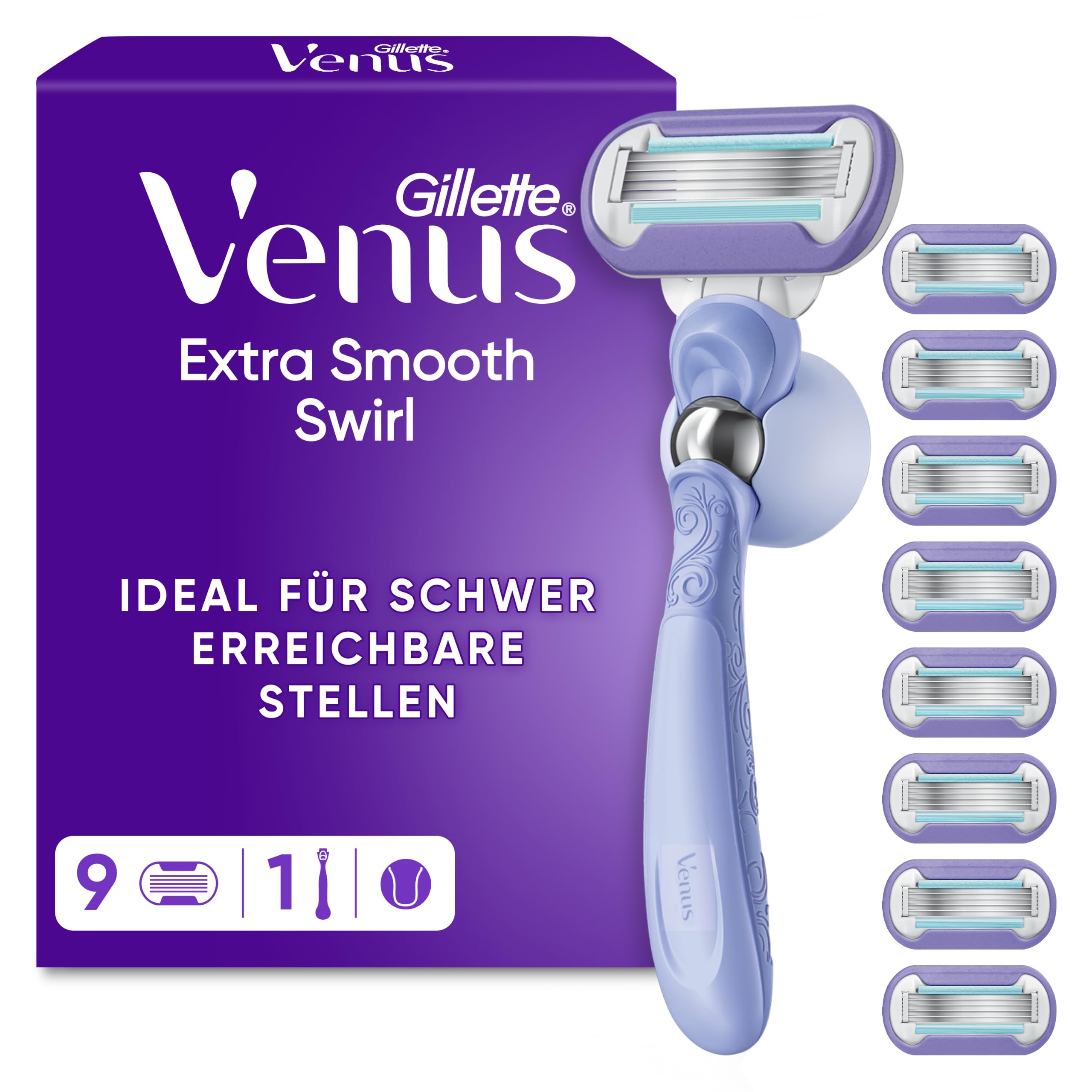 Gillette Venus Extra Smooth Swirl Rasierer Damen, Lila - Damenrasierer für Langanhaltende Glätte Und Geschmeidigkeit, Inkl. 9 Nassrasierer Rasierklingen, Handstück Und Duschhalterung