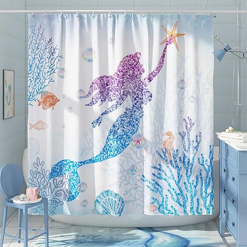 Miniatura 3 de DESIHOM Bonito juego de cortinas de ducha de sirena, cortinas de ducha con escamas de pez con purpurina para baño, decoración de baño de niños, tela